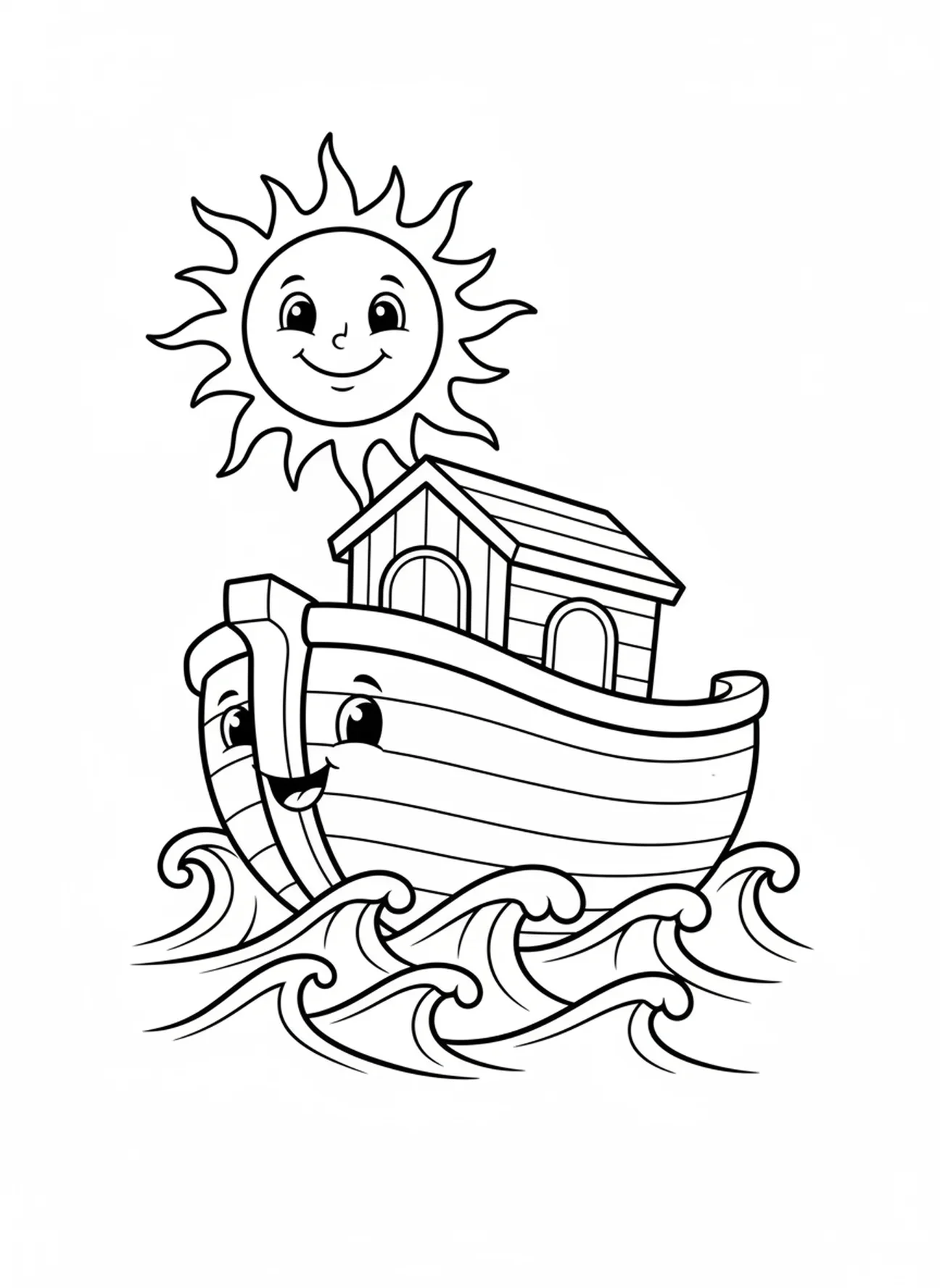 Große Arche auf dem Wasser, Noahs Arche Ausmalbild für Vorschulkinder im Alter von 3-5 Jahren