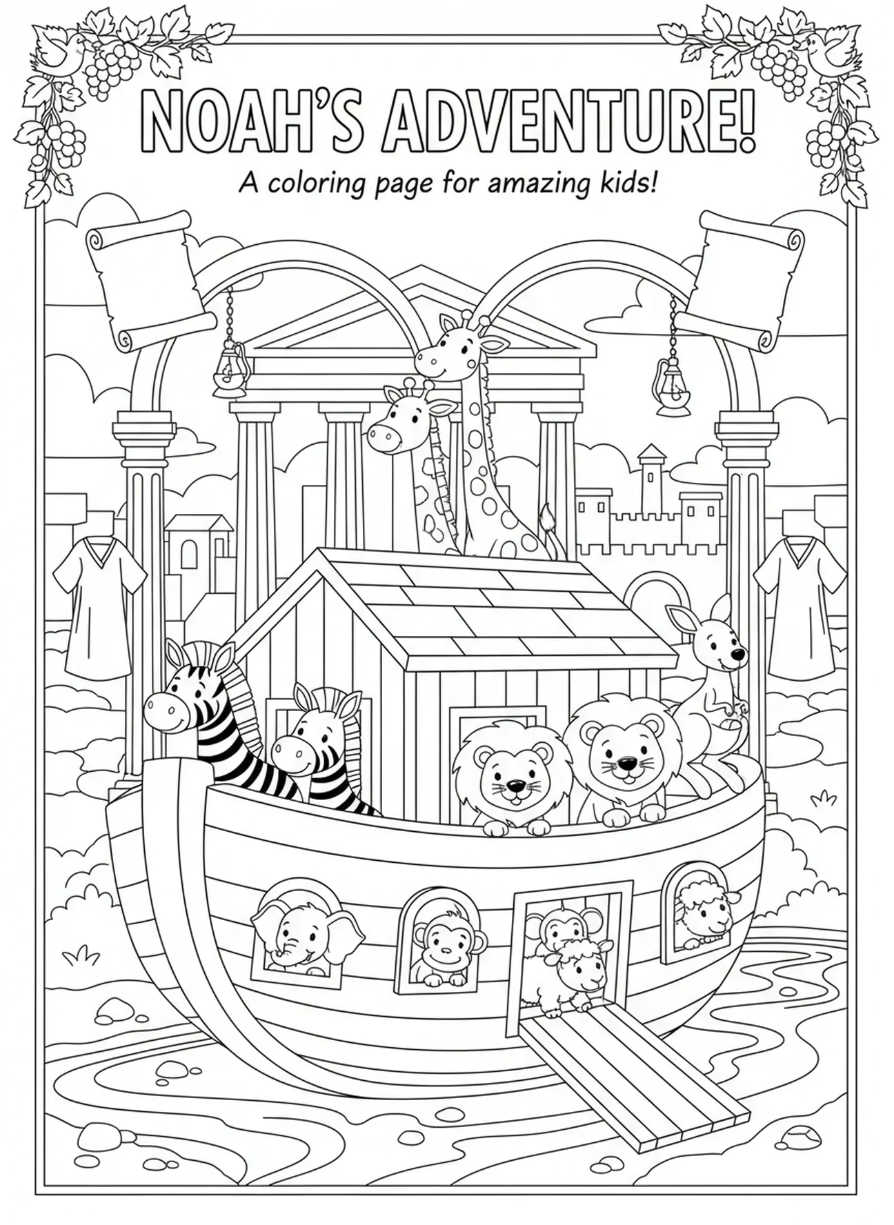 Tiere, die aus der Arche schauen, Noahs Arche Malvorlage für Kinder im Alter von 5-12 Jahren in der Sonntagsschule.