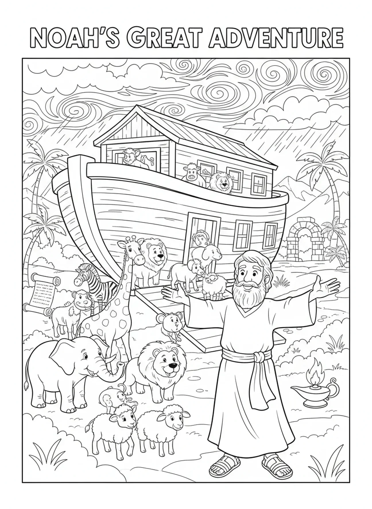 Noah ermutigt die Tiere, Noahs Arche Malvorlage für die Sonntagsschule für Kinder im Alter von 5-12 Jahren.