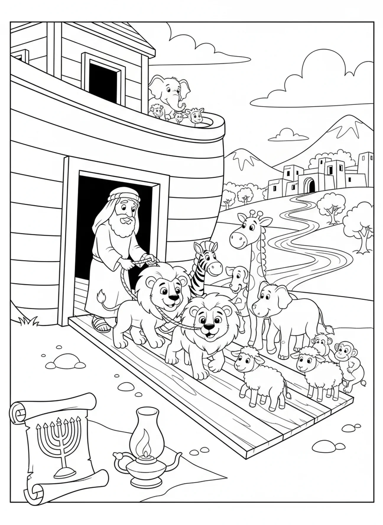 Noah sichert Löwen im Inneren der Arche, Ausmalbild von Noahs Arche für Kinder in der Sonntagsschule im Alter von 5-12 Jahren.