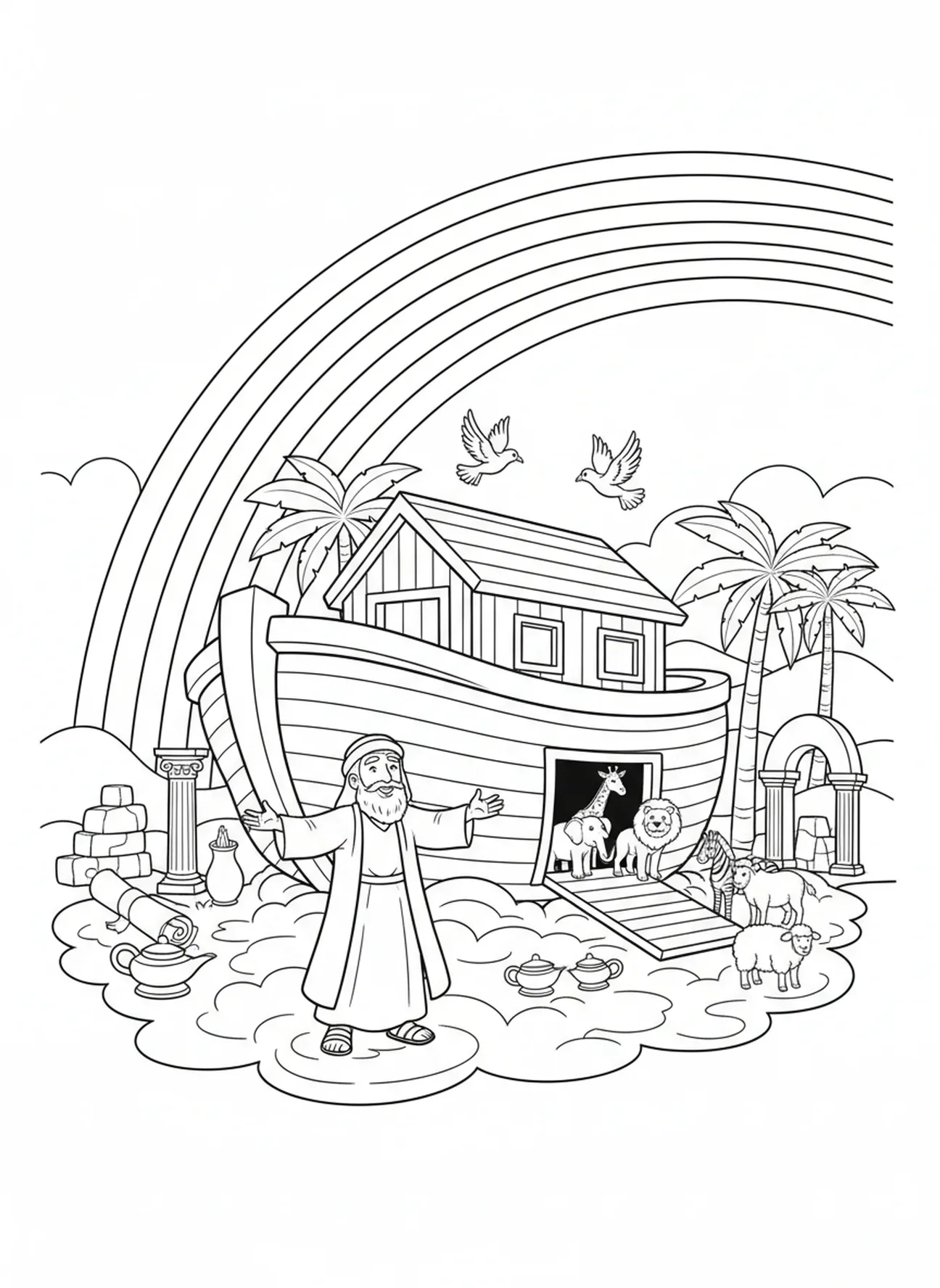 Regenbogen über der Arche, Noahs Arche Malvorlage für Kinder im Alter von 5-12 Jahren in der Sonntagsschule.