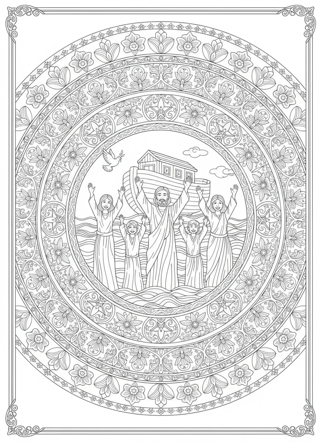 Noah und Familie feiern, Noahs Arche Ausmalbild für Erwachsene im Bibel-Journaling-Stil.