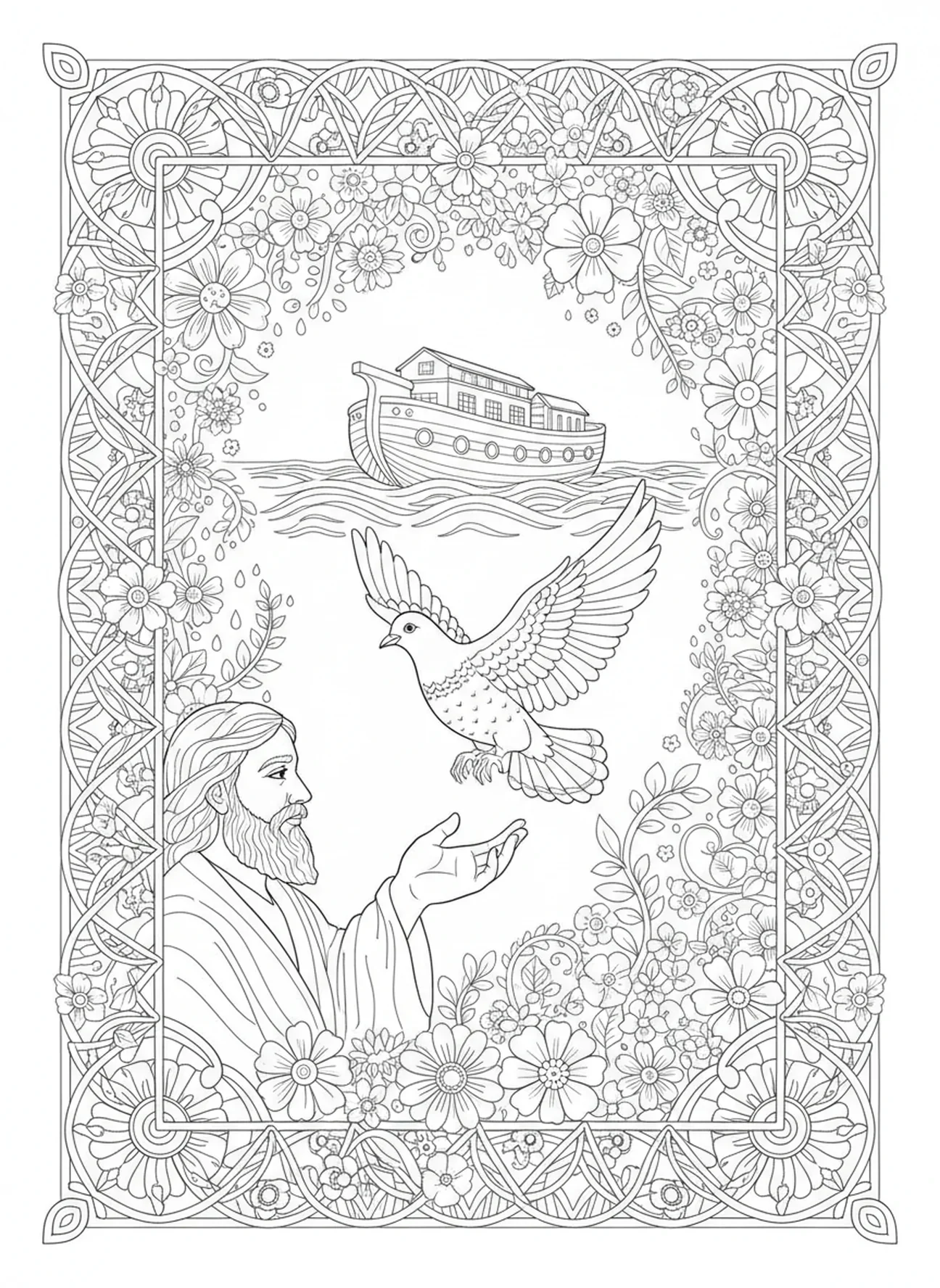 Taube, die aus Noahs Hand fliegt, Noahs Arche, Noahs Familie betet – Ausmalbild für Erwachsene im Stil des Bibeljournaling.