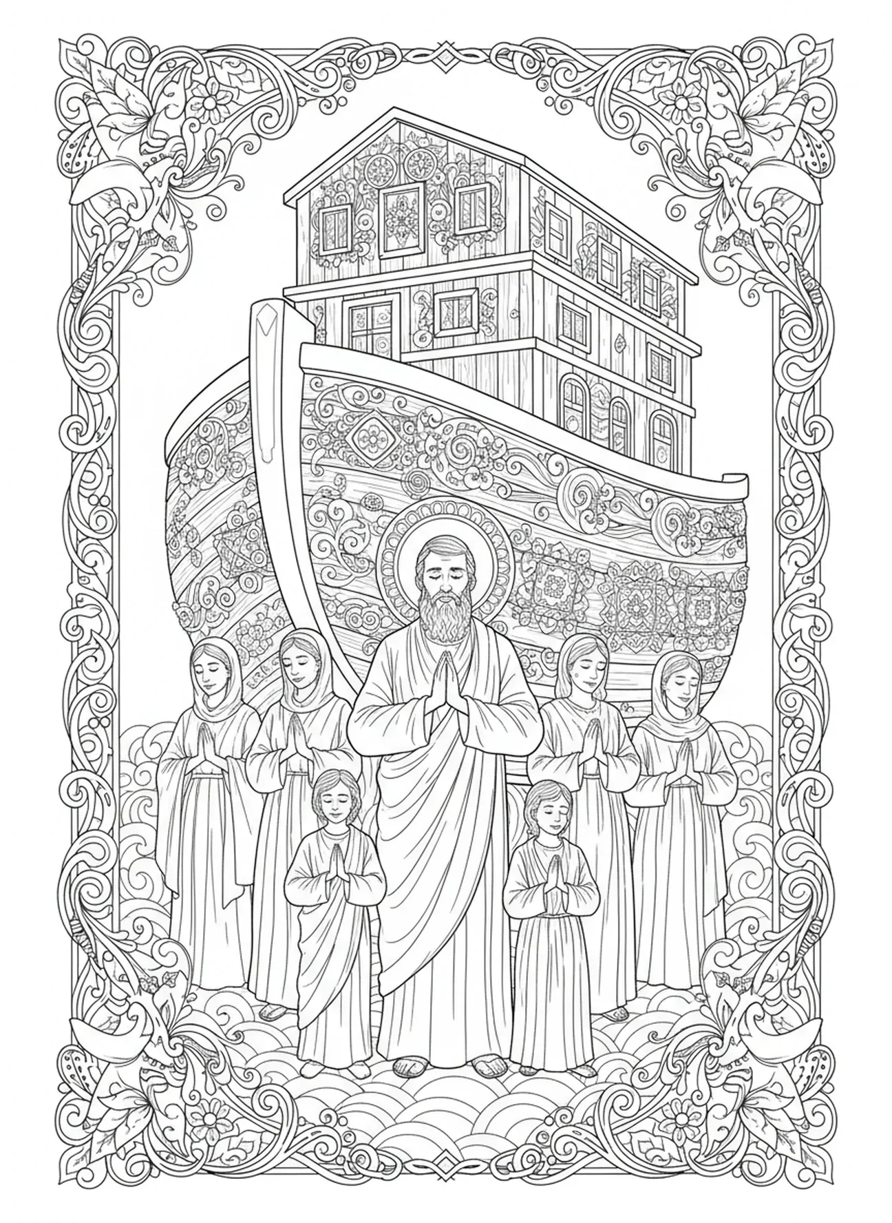 Noahs Familie betet, Noahs Arche Noahs Familie betet Ausmalbild für Erwachsene im Stil des Bibeljournaling.