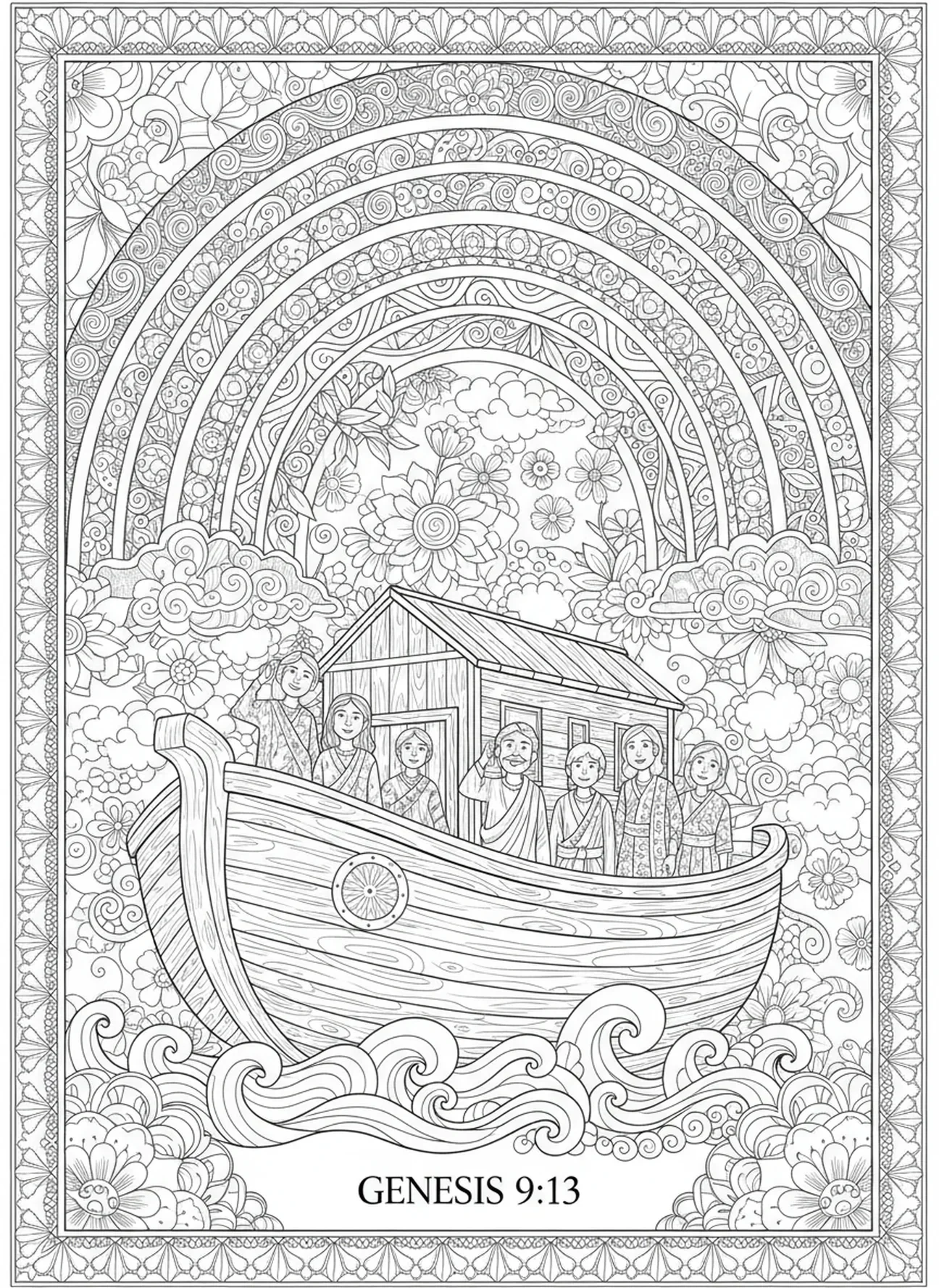 Regenbogen über der Arche Noah, Ausmalbild von Noahs Arche mit der betenden Familie Noah im Stil des Bibeljournalings für Erwachsene.