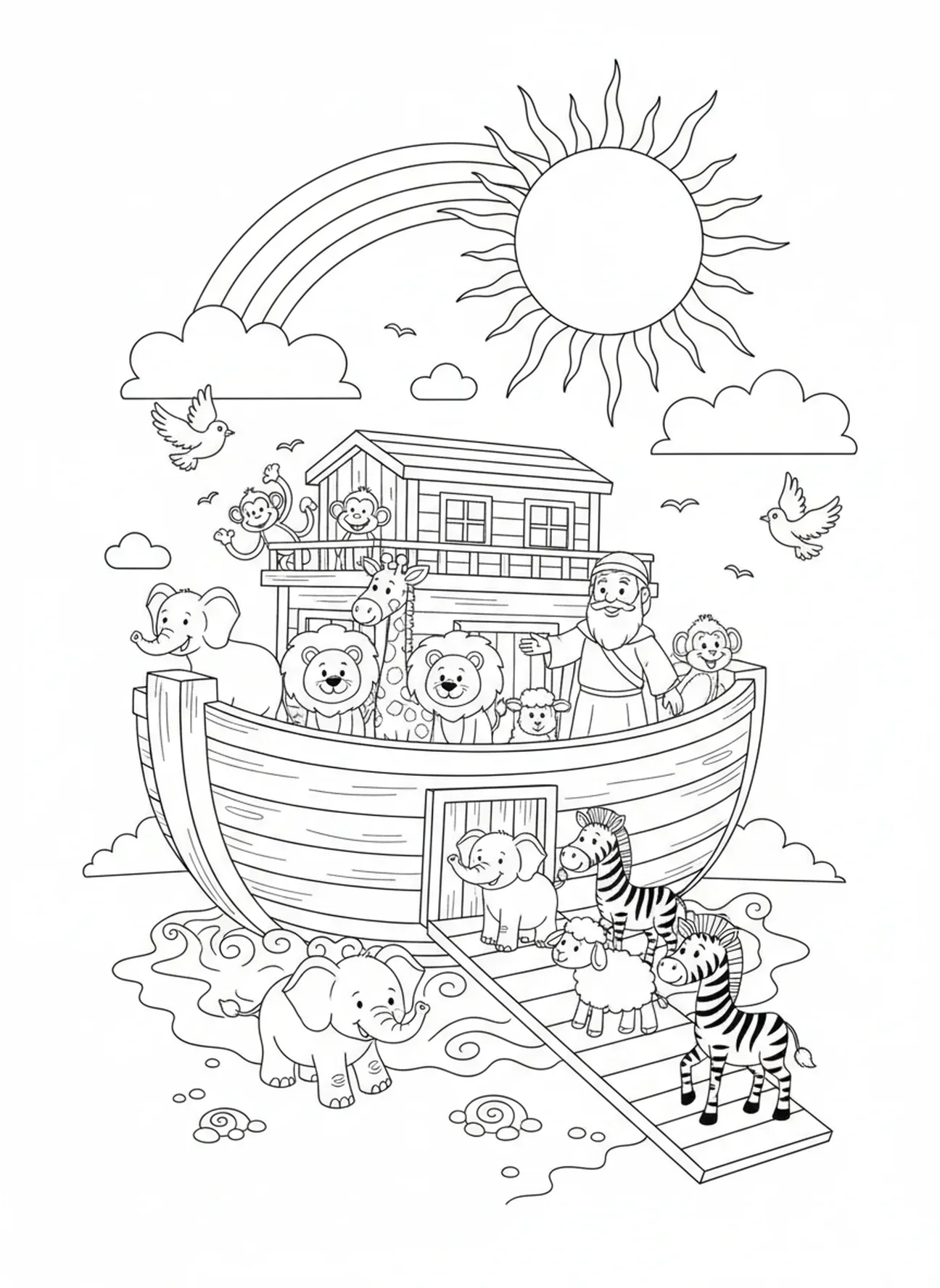 Gruppe von Cartoon-Tieren, die einsteigen, Noahs Arche Noah Familie betet Ausmalbild für Kinder im Alter von 5-10 Jahren