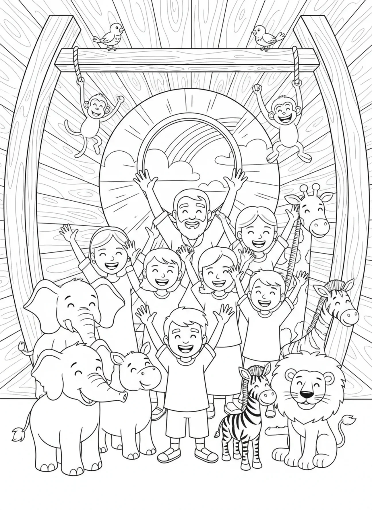 Noah und Familie feiern Sicherheit, Ausmalbild von Noahs Arche und der betenden Familie für Kinder im Alter von 5-10 Jahren