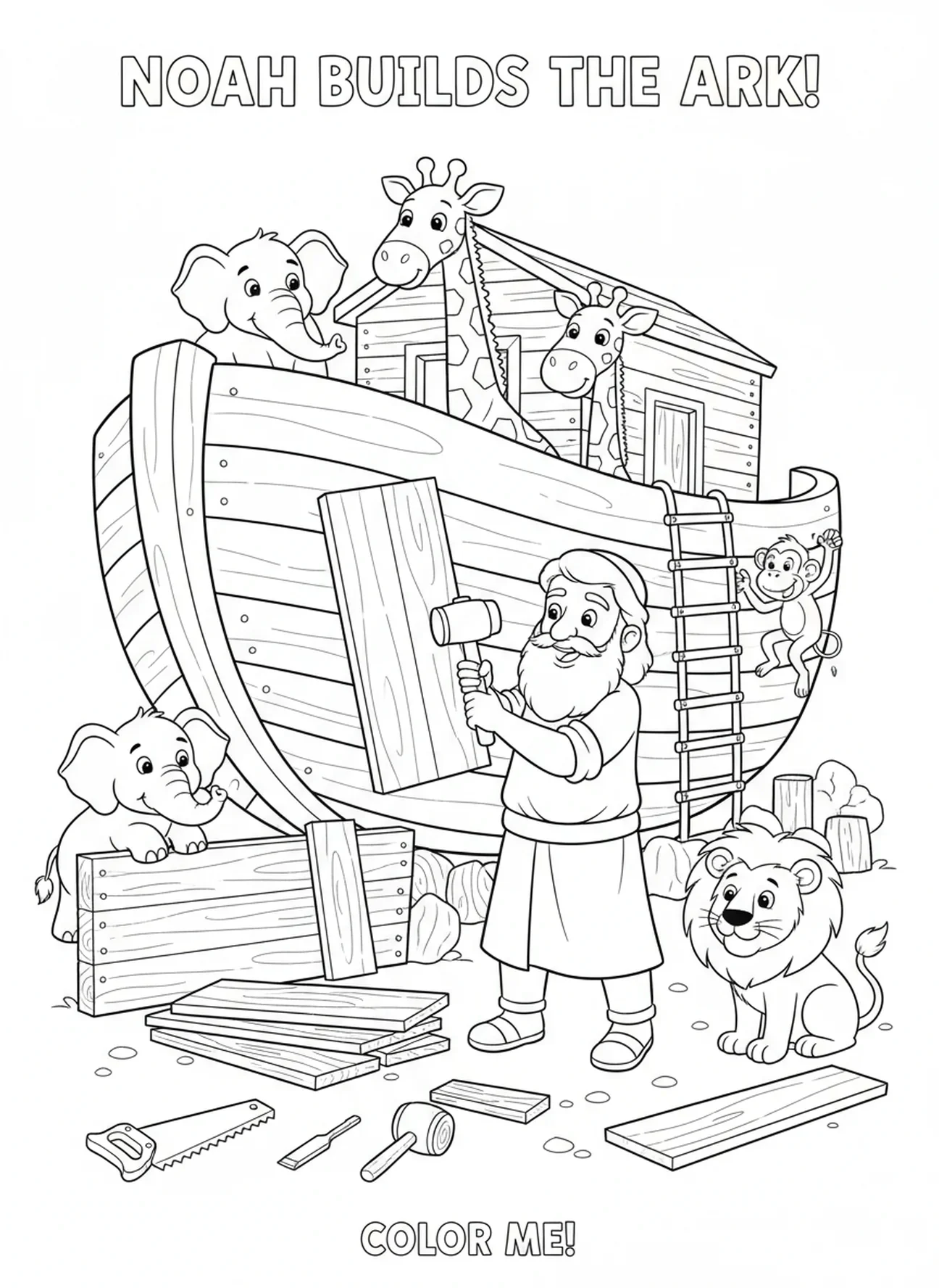 Noah, der Planken zusammenhämert, Noahs Arche, Noahs Familie betet, Ausmalbild für Kinder im Alter von 5-10 Jahren