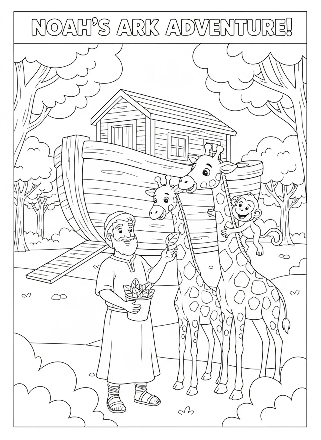 Noah füttert cartoon Tiere, Noahs Arche Noah Familie betet Ausmalbild für Kinder im Alter von 5-10 Jahren