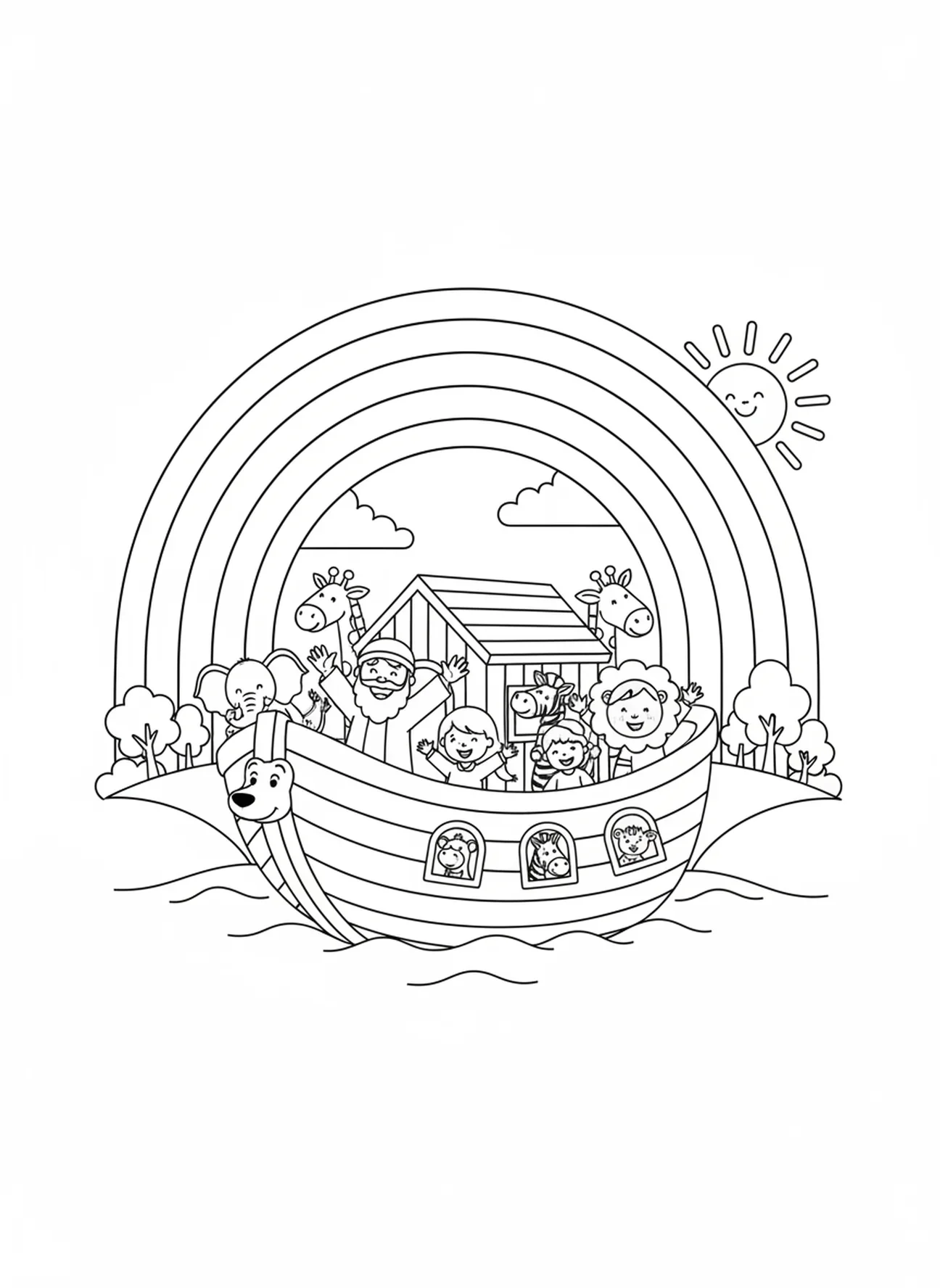 Regenbogen über der Arche, Noahs Arche Noah Familie betet Ausmalbild für Kinder im Alter von 5-10 Jahren