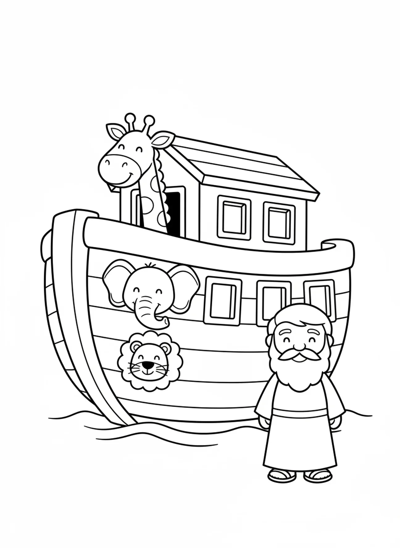 Zwierzęta wyglądające z arki, kolorowanka o Arce Noego i modlącej się rodzinie Noego dla przedszkolaków w wieku 3-5 lat