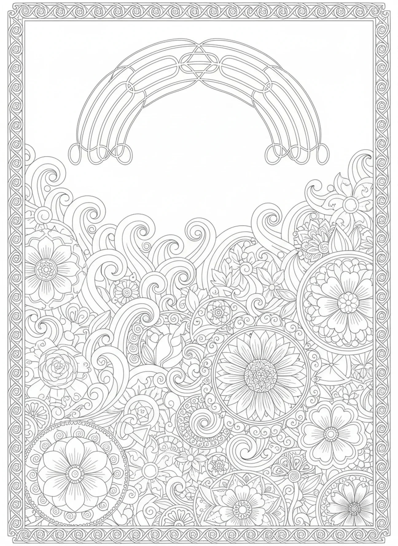 Arco-íris como sinal da aliança, página de colorir da Arca de Noé em estilo de journaling bíblico para adultos.
