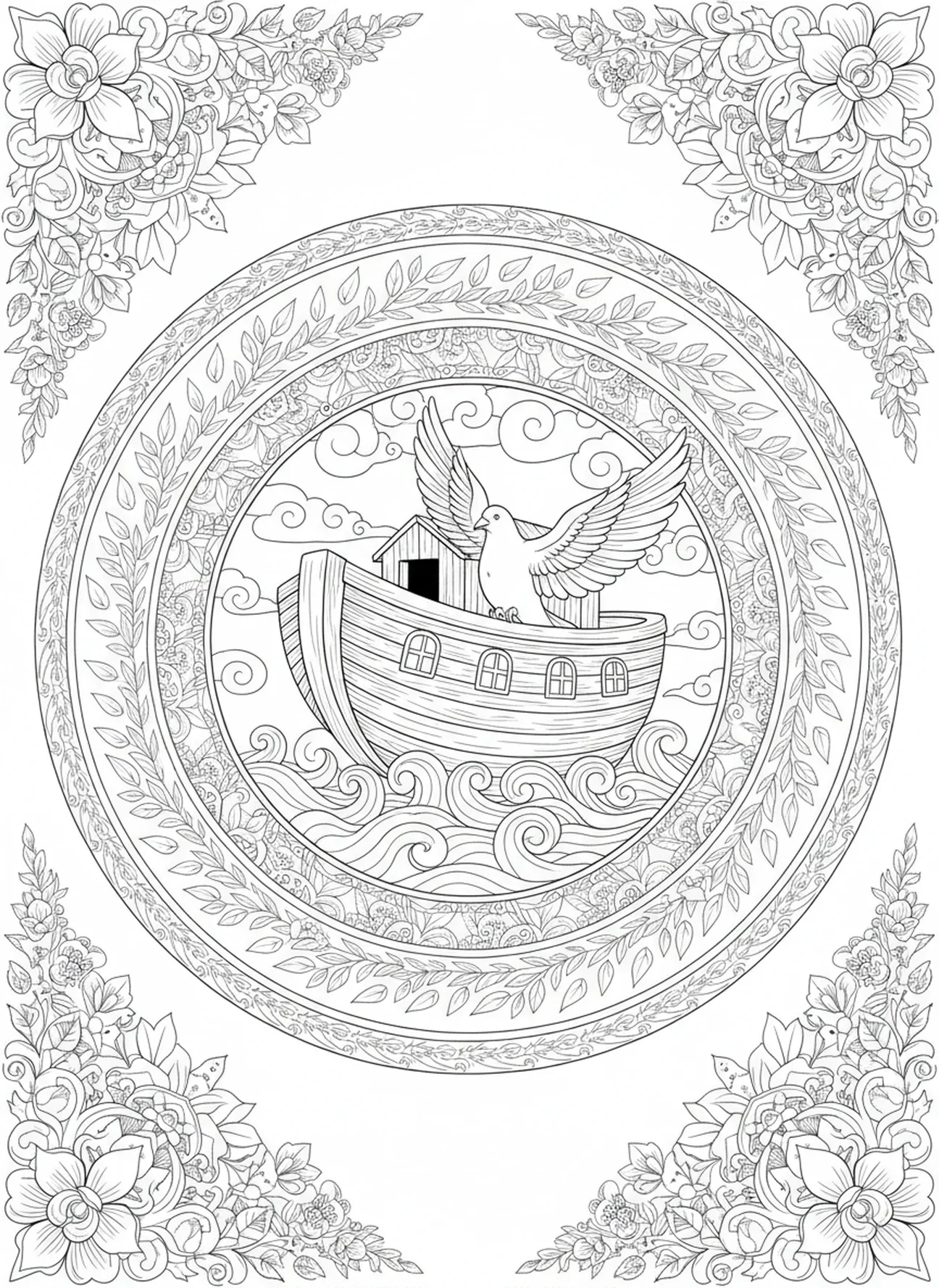 Pomba voando da arca, página de colorir da Aliança do Arco-íris de Noé no estilo de journaling bíblico para adultos.