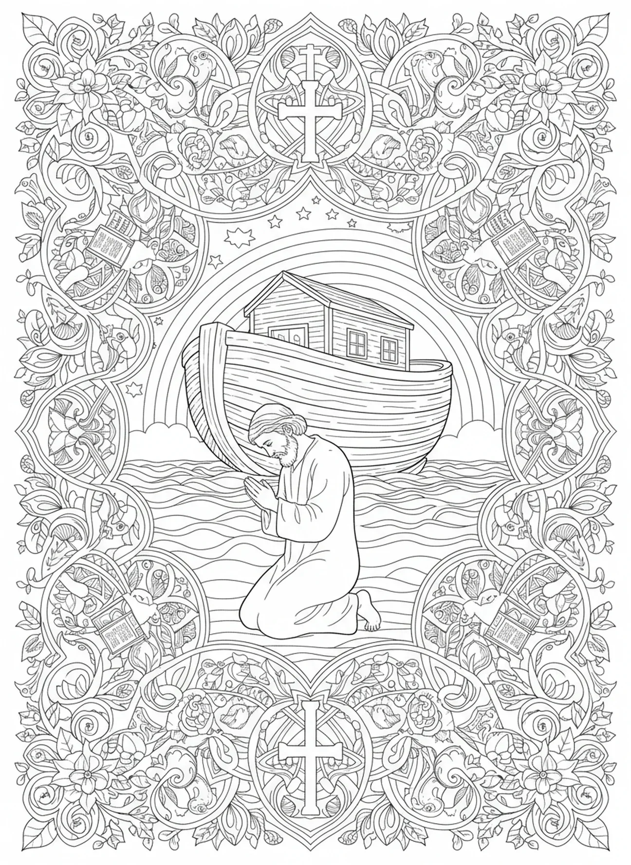 Noé de joelhos em oração, página para colorir da Arca de Noé e o Arco-Íris da Aliança, estilo de journaling bíblico para adultos.