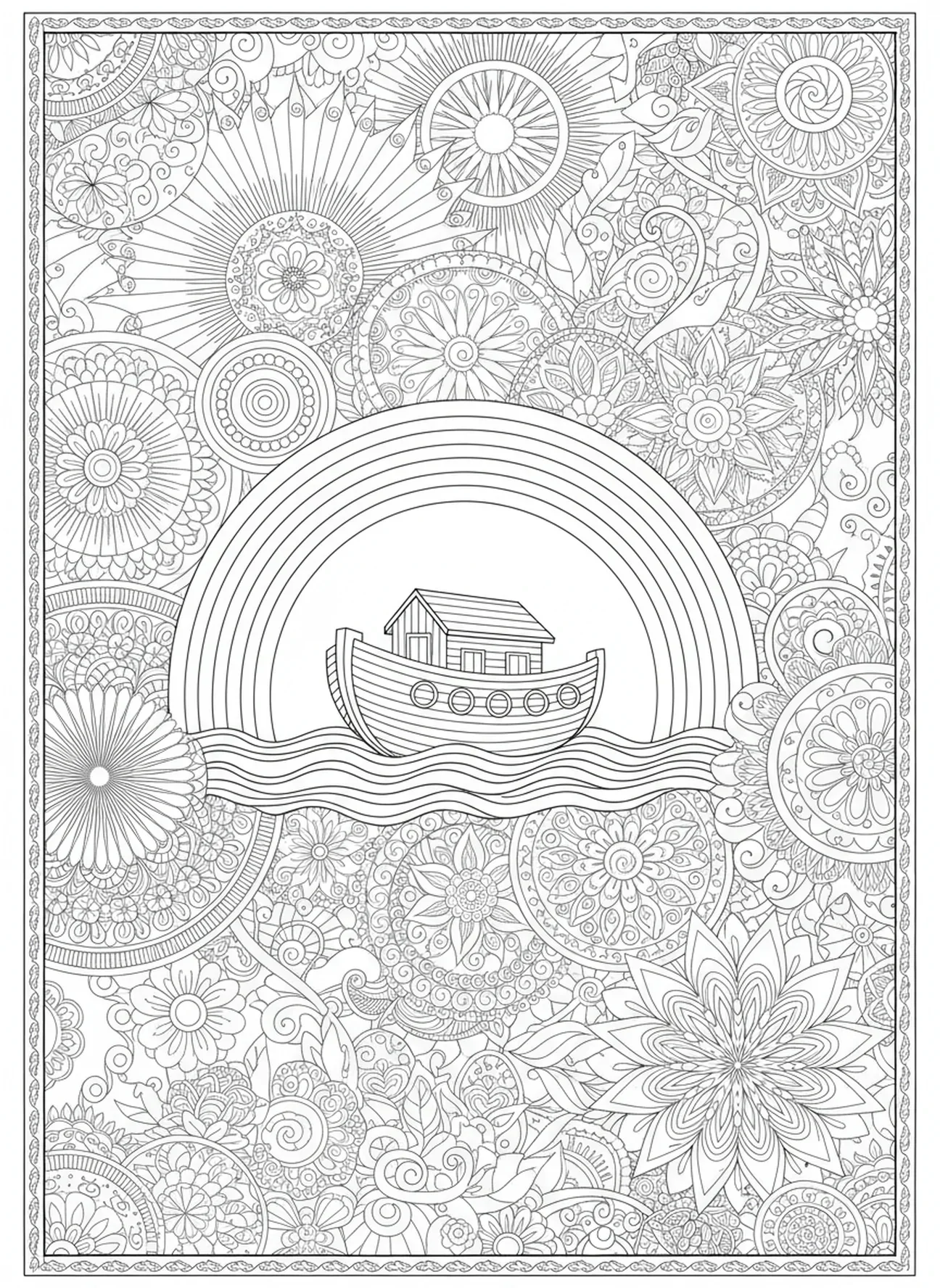 Arco-íris sobre a arca, página para colorir do Arco da Aliança de Noé no estilo de journaling bíblico para adultos.