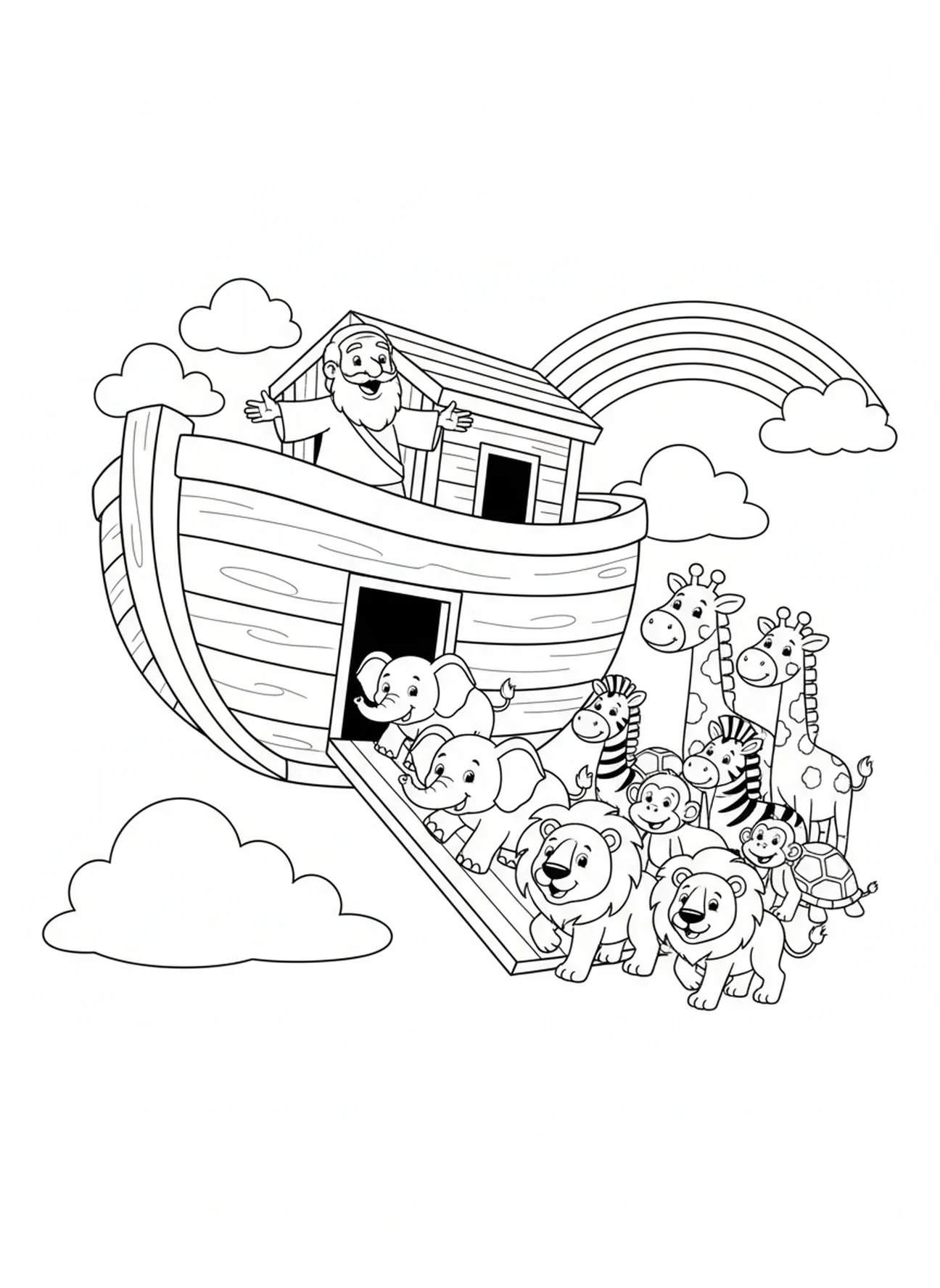 Éléphants et lions montant à bord de l'arche, page à colorier sur l'arc-en-ciel de l'alliance de Noé pour les enfants de 5 à 10 ans.