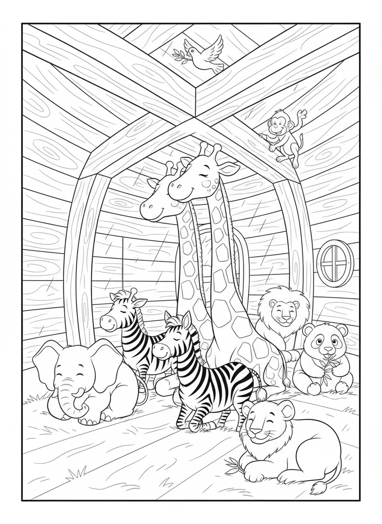 Girafes et zèbres à l'intérieur de l'arche, page à colorier sur l'arc-en-ciel de l'alliance de Noé pour les enfants de 5 à 10 ans.