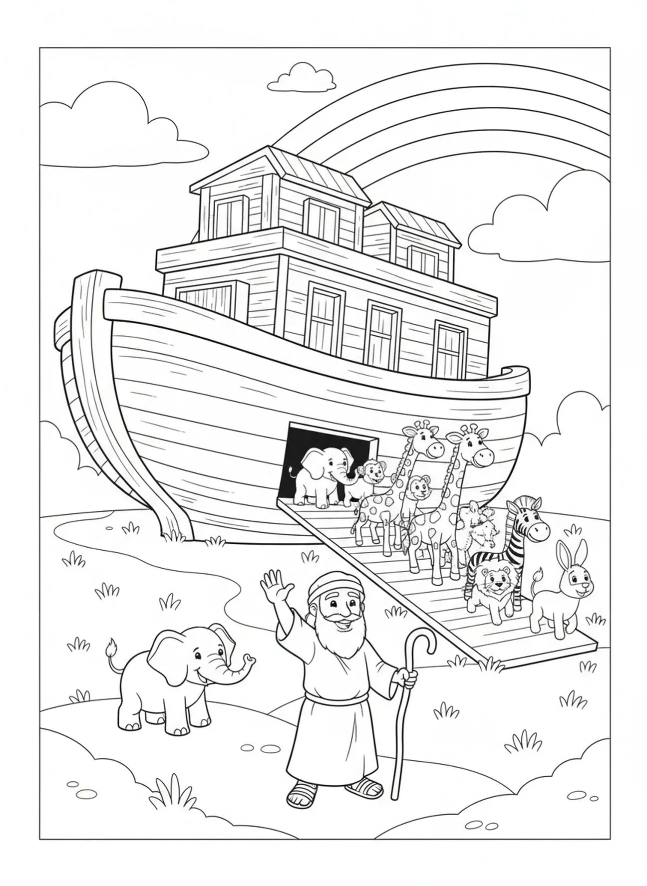 Les animaux quittant l'arche pour la terre ferme, page à colorier sur l'arc-en-ciel de l'alliance de Noé pour les enfants de 5 à 10 ans.