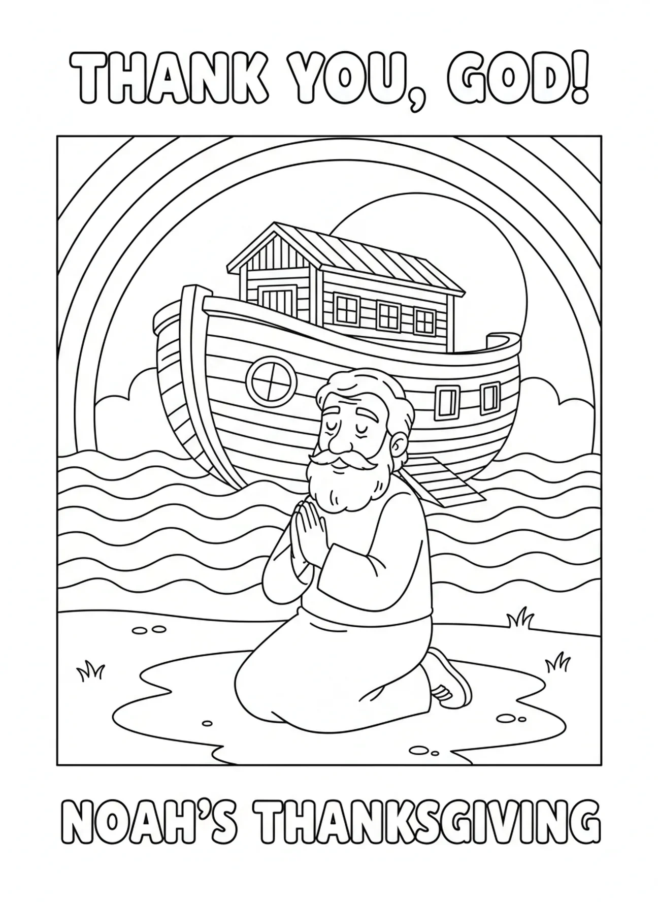 Noé priant sous l'arc-en-ciel, page à colorier de l'Alliance de l'Arche de Noé pour les enfants de 5 à 10 ans.
