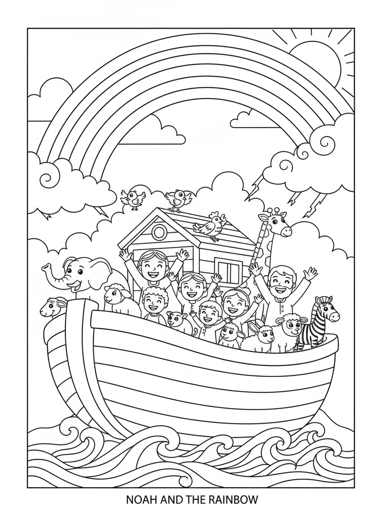 Noé et sa famille célébrant sous un arc-en-ciel, page à colorier de l'Alliance de l'Arc-en-ciel de l'Arche de Noé pour les enfants de 5 à 10 ans.