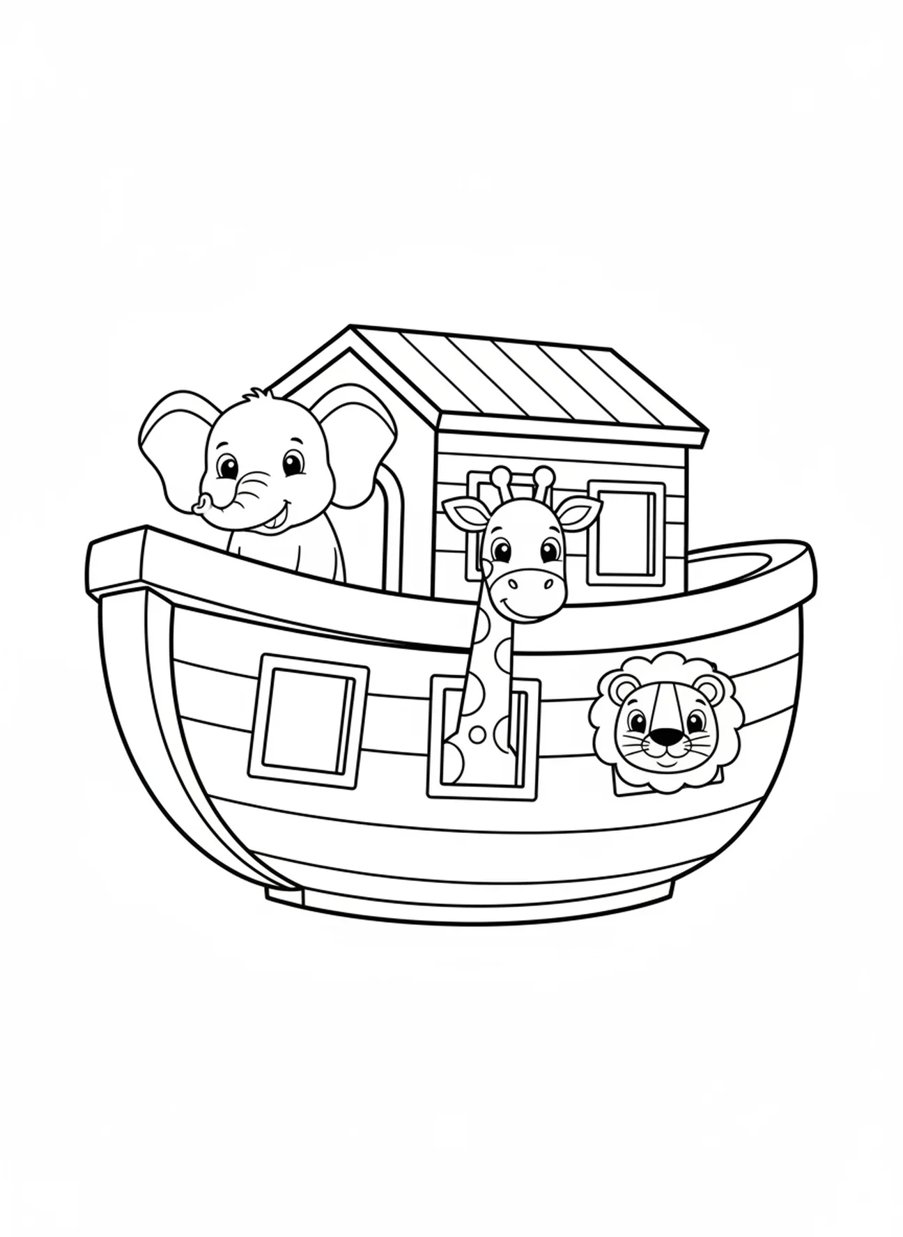 Cartoon-Tiere, die neugierig schauen, Ausmalbild vom Regenbogenbund der Arche Noah für Vorschulkinder im Alter von 3-5 Jahren