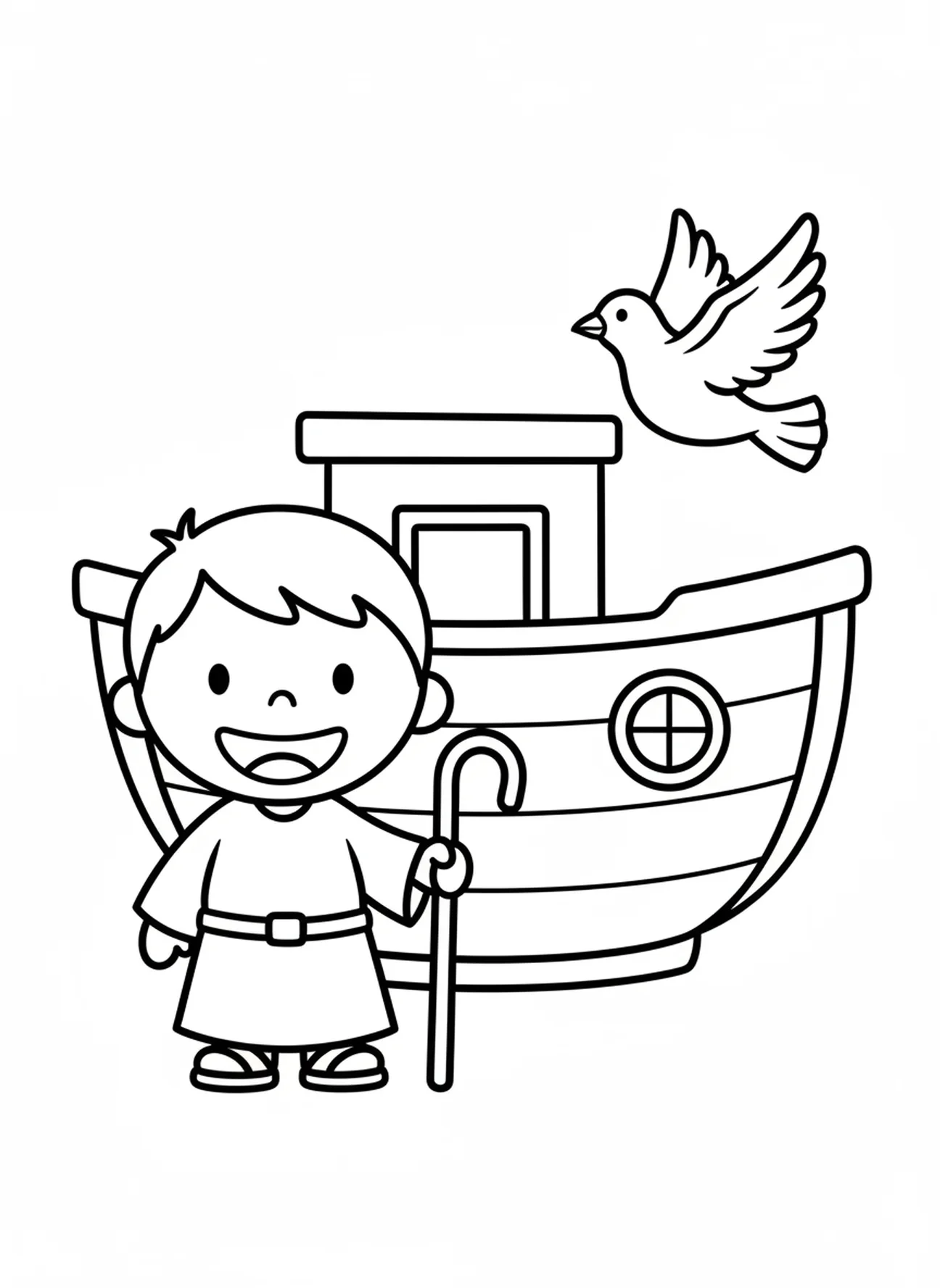 Lächelnder Noah, Ausmalbild vom Regenbogenbund mit Noahs Arche für Vorschulkinder im Alter von 3-5 Jahren