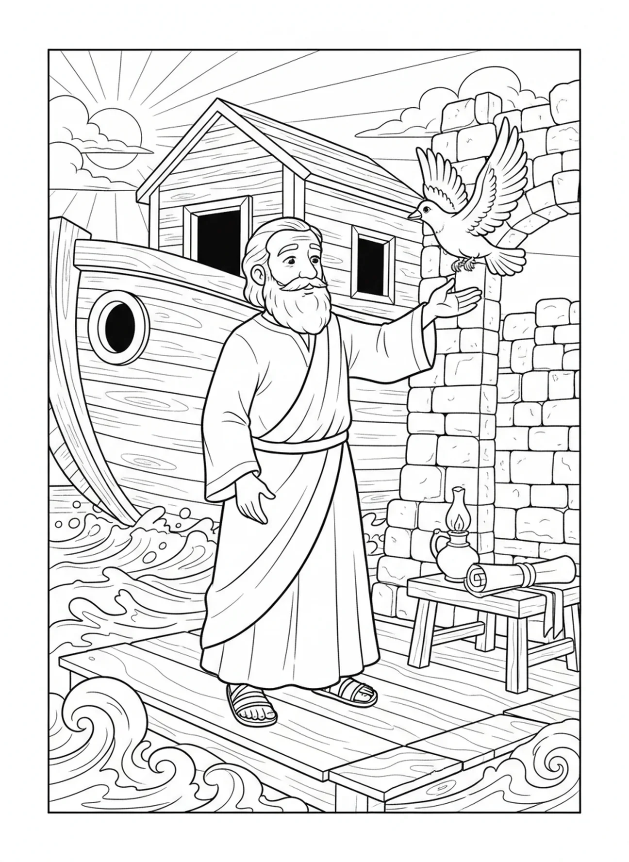 Noah, der eine Taube freilässt, Ausmalbild vom Regenbogenbund der Arche Noah für Kinder in der Sonntagsschule im Alter von 5-12 Jahren.
