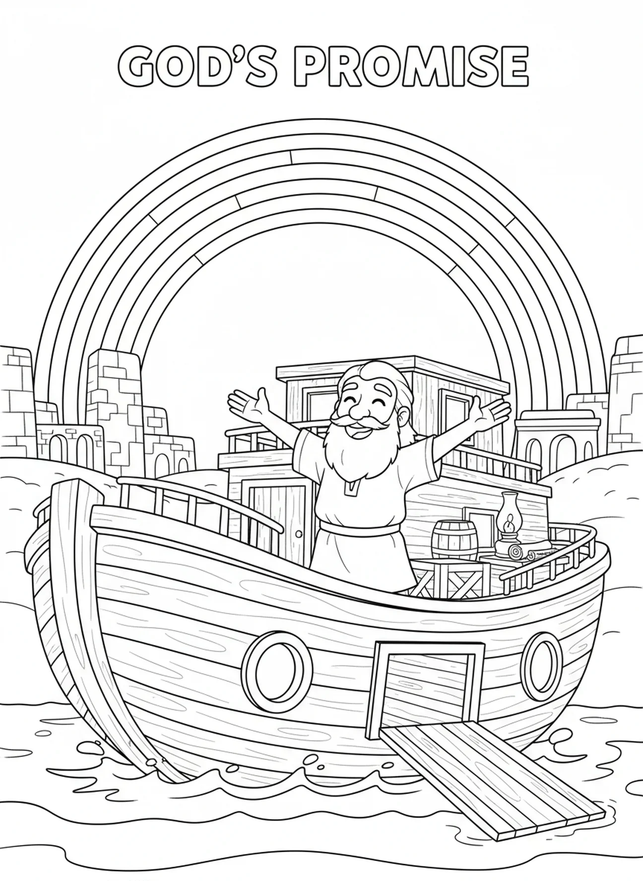 Fröhlicher Noah, Ausmalbild zum Regenbogenbund der Arche Noah für Kinder in der Sonntagsschule im Alter von 5-12 Jahren.