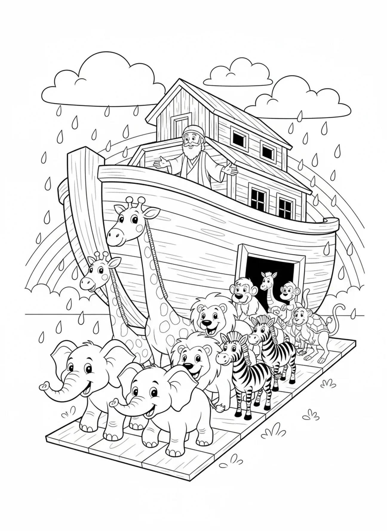 Des paires d'animaux entrant dans l'arche, page à colorier sur le Début du Déluge de l'Arche de Noé pour les enfants de 5 à 10 ans.
