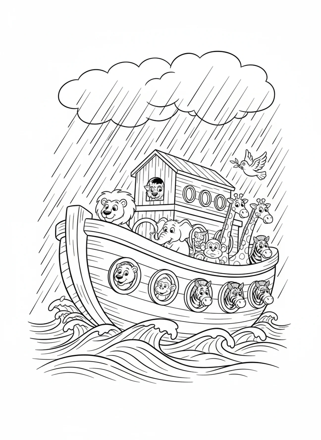 L'arche sous une forte pluie, page à colorier de l'Arche de Noé au début du déluge pour les enfants de 5 à 10 ans.