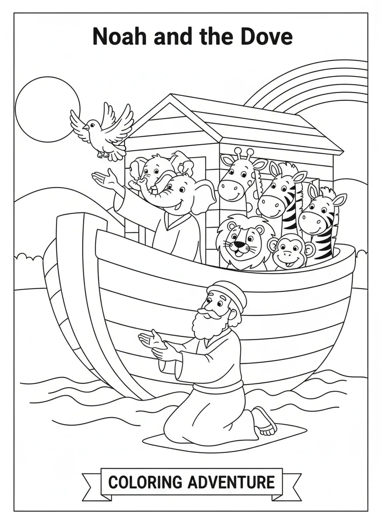 Noé libérant une colombe, page à colorier sur le Déluge et l'Arche de Noé pour les enfants de 5 à 10 ans.