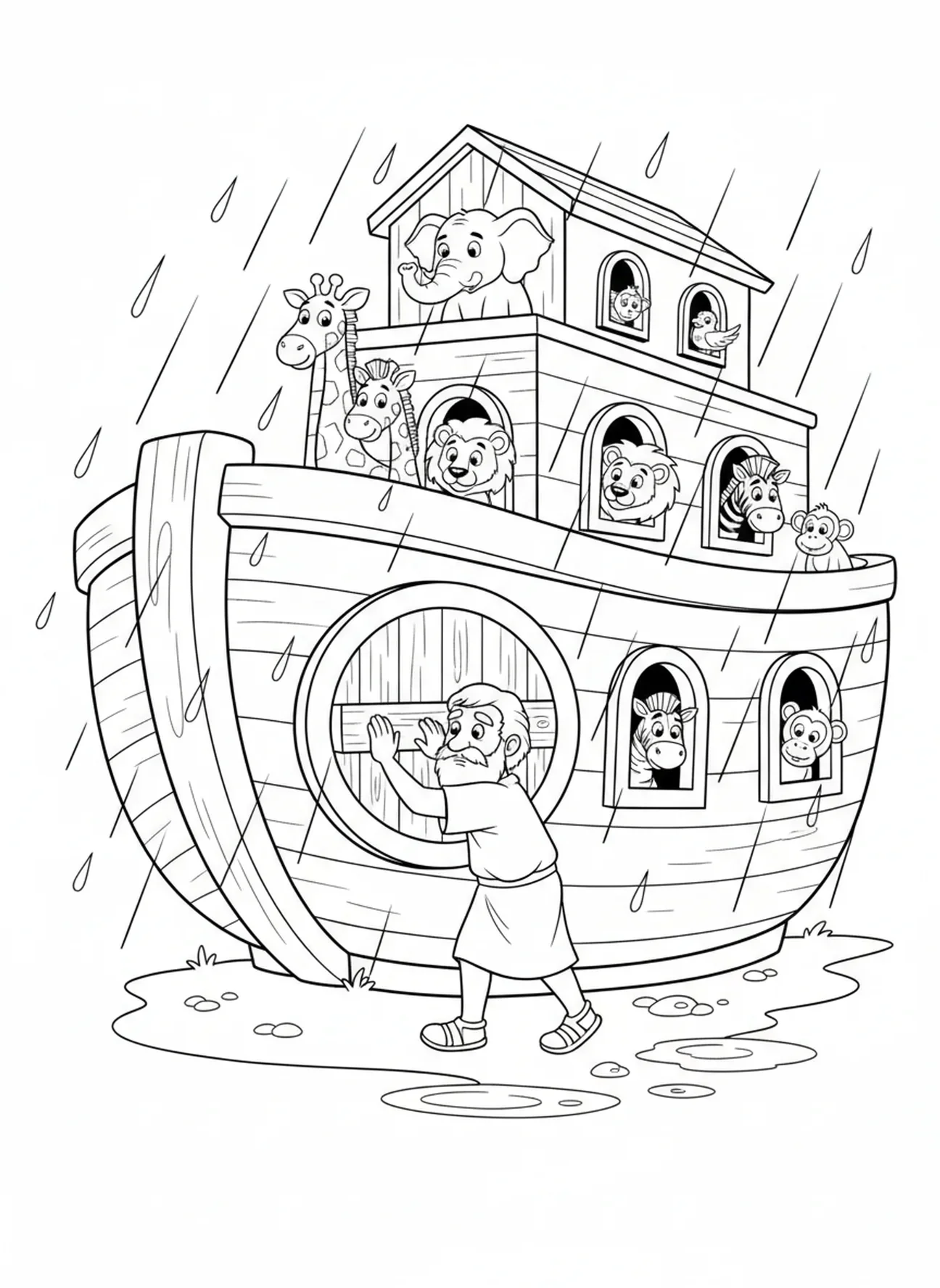 Noé scellant la porte de l'arche, page à colorier sur le Déluge de l'Arche de Noé pour les enfants de 5 à 10 ans.