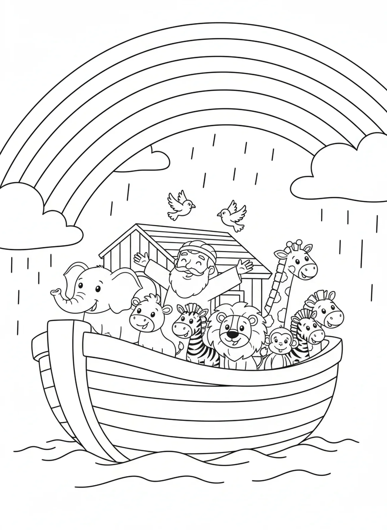 Un arc-en-ciel au-dessus de l'arche, page à colorier sur le Déluge de l'Arche de Noé pour les enfants de 5 à 10 ans.