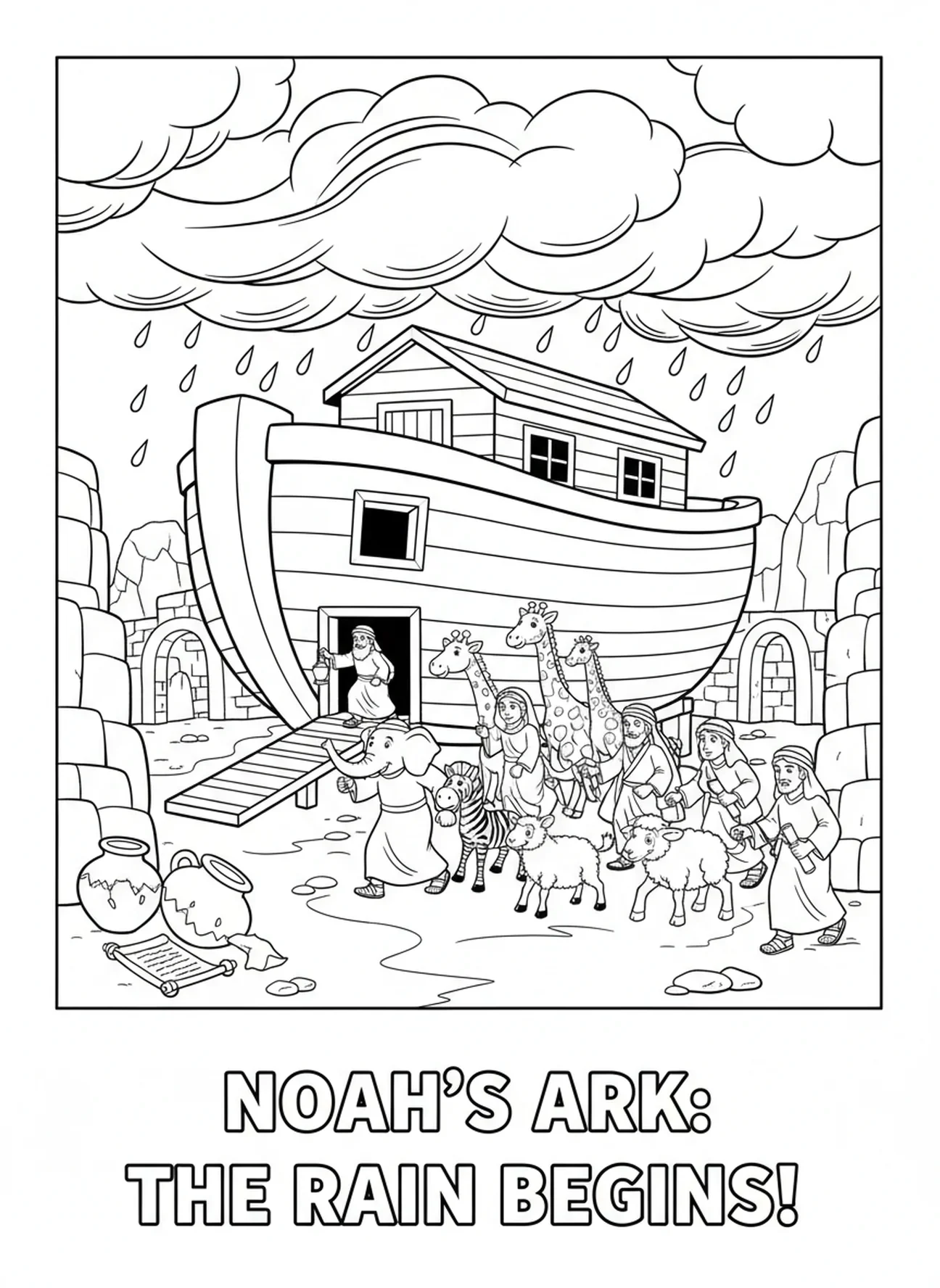 Noé e sua família se preparando para a chuva enquanto nuvens escuras se acumulam sobre a arca, página de colorir da Arca de Noé para crianças da Escola Dominical de 5 a 12 anos.