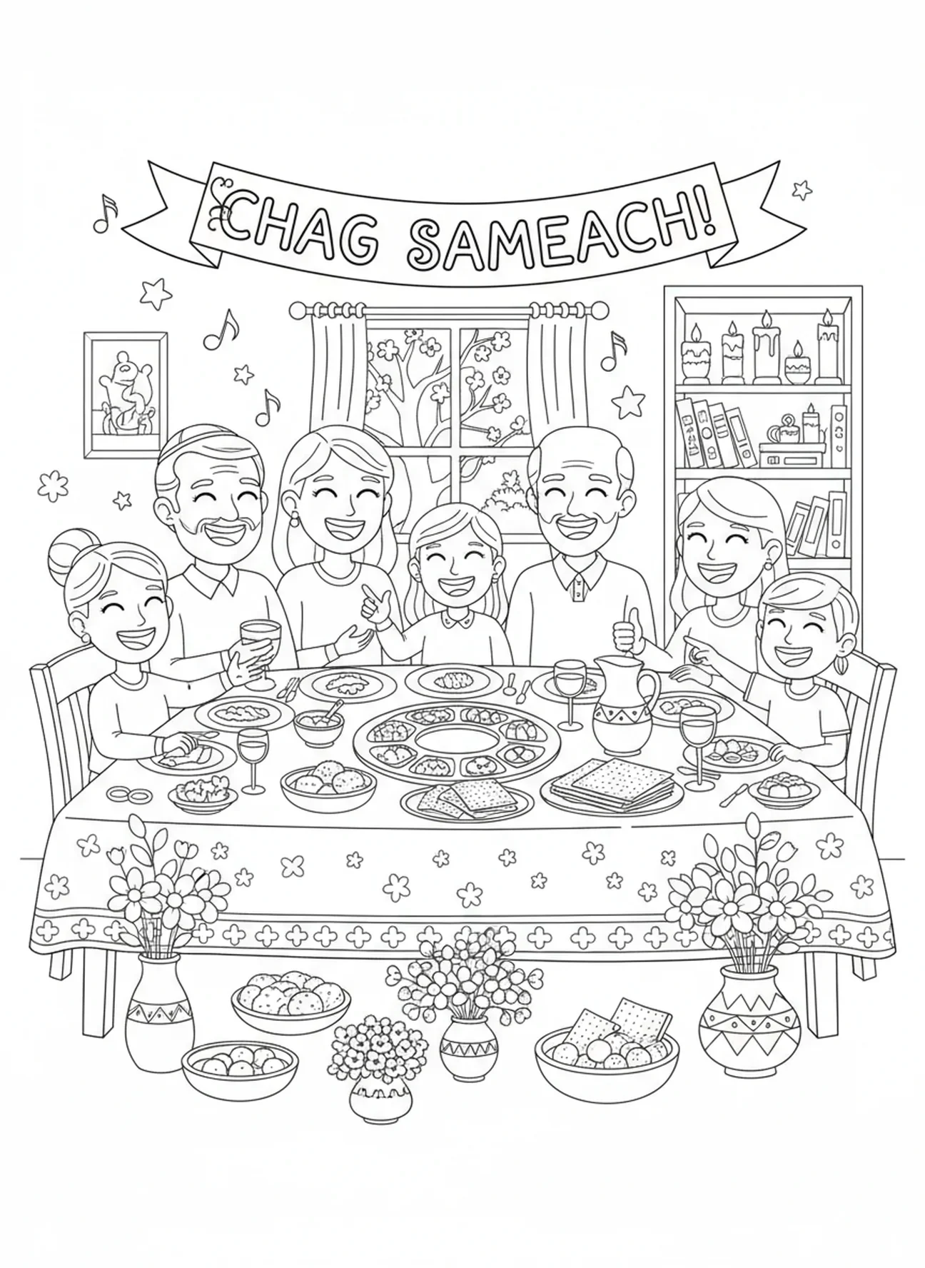 Família celebrando a festa da Páscoa, página para colorir sobre o Sangue do Cordeiro na Porta para crianças de 5 a 10 anos