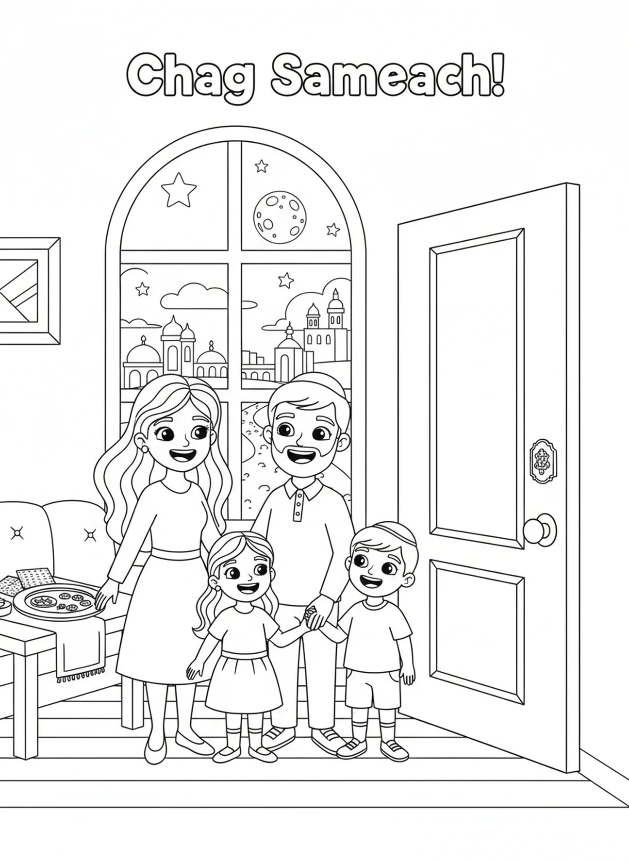 Família dentro de casa, página para colorir sobre o Sangue do Cordeiro da Páscoa para crianças de 5 a 10 anos