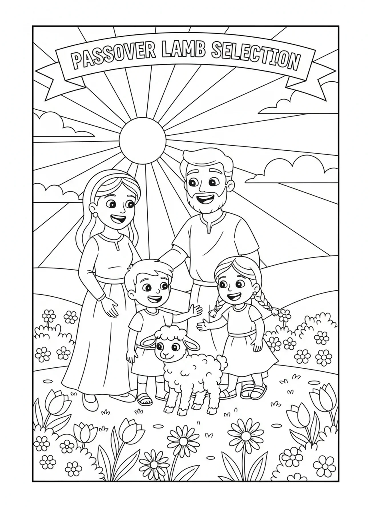 Família escolhendo o cordeiro, página para colorir sobre o Sangue do Cordeiro da Páscoa para crianças de 5 a 10 anos