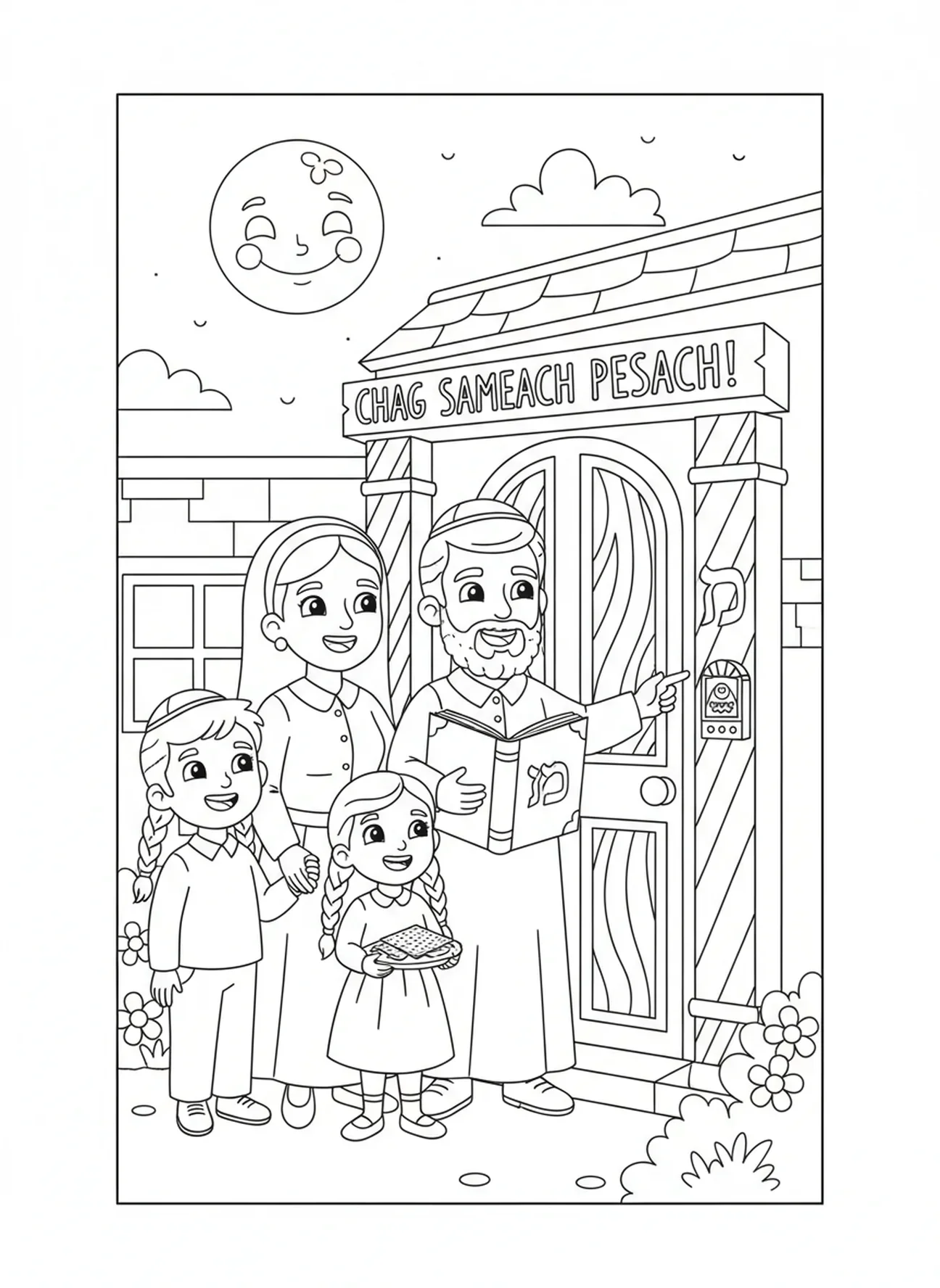 Família na porta na noite da Páscoa, página de colorir sobre o Sangue do Cordeiro da Páscoa para crianças de 5 a 10 anos