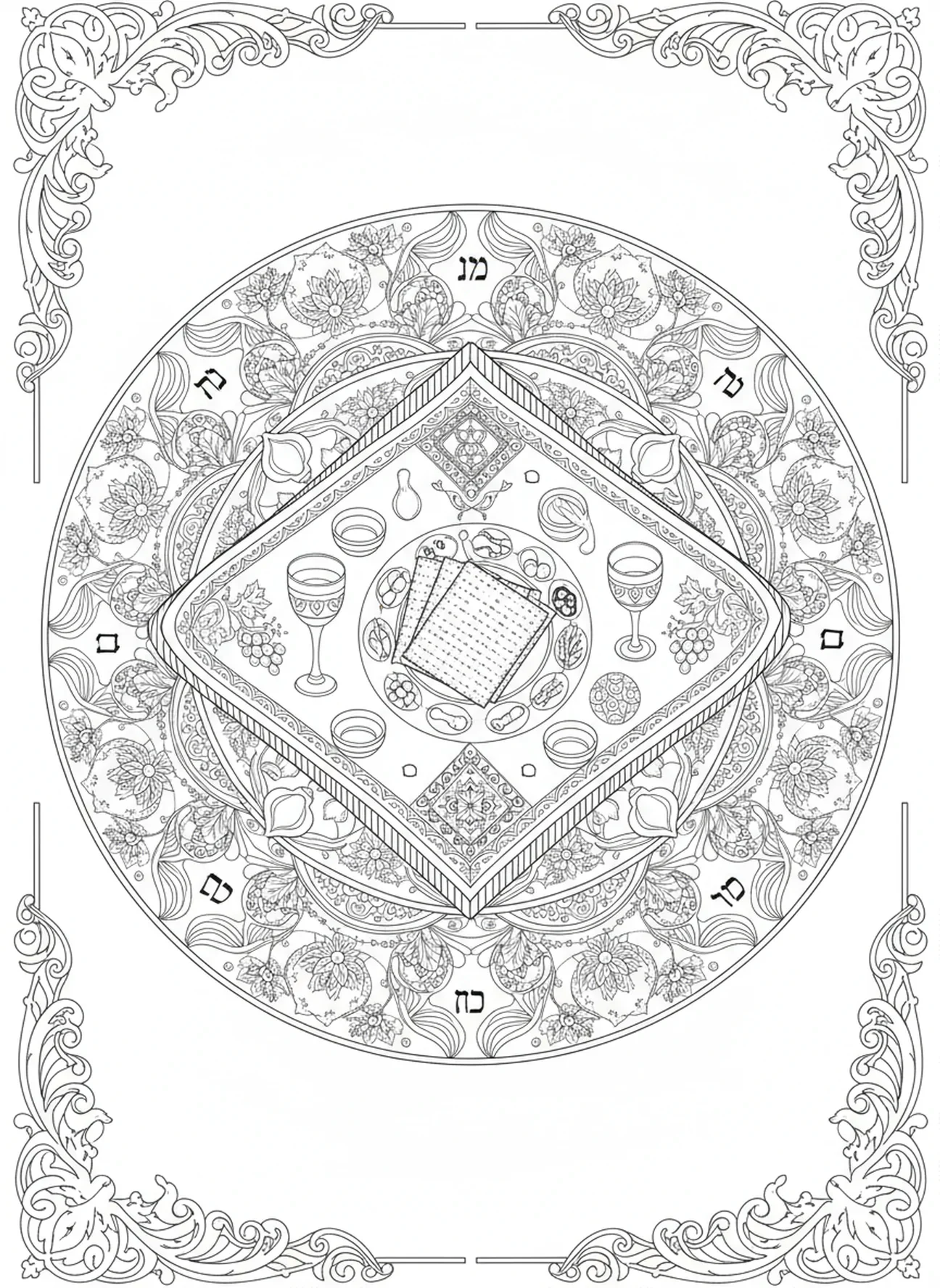 Tisch zur Passahfeier, Passah Ausmalbild für Erwachsene im Bibel-Journaling-Stil