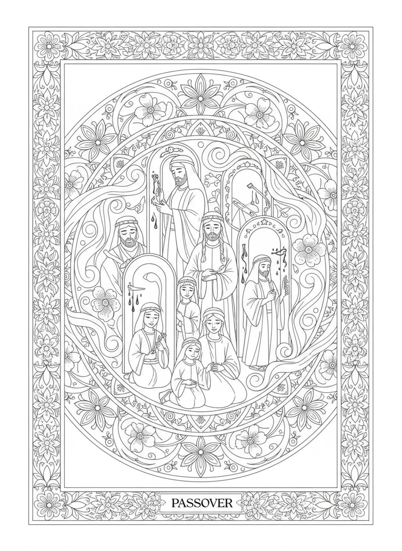Israeliten markieren Türen, Passah Ausmalbild für Erwachsene im Bibel-Journaling-Stil