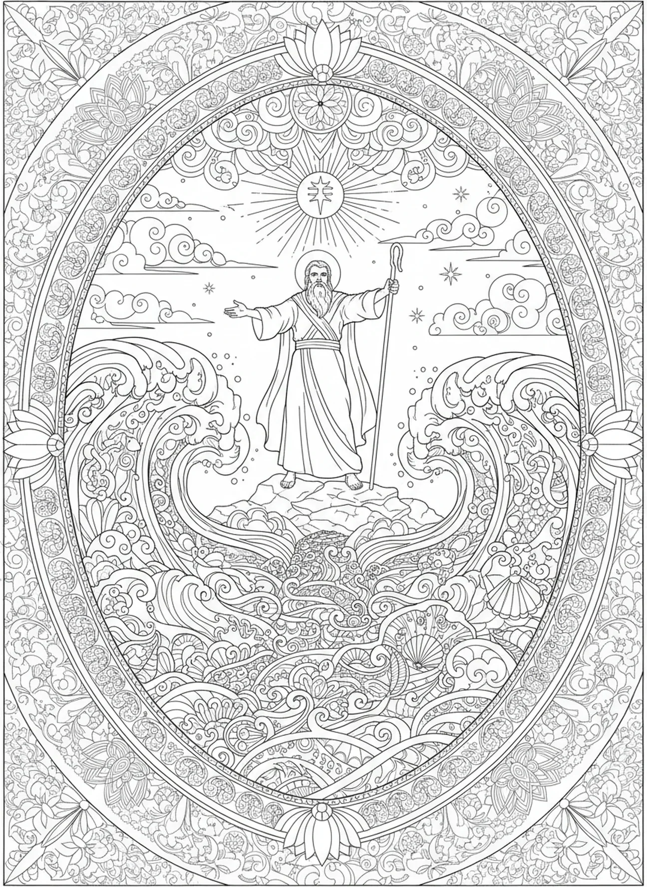Moses, der das Rote Meer teilt, Passah Ausmalbild für Erwachsene im Stil des Bibeljournaling