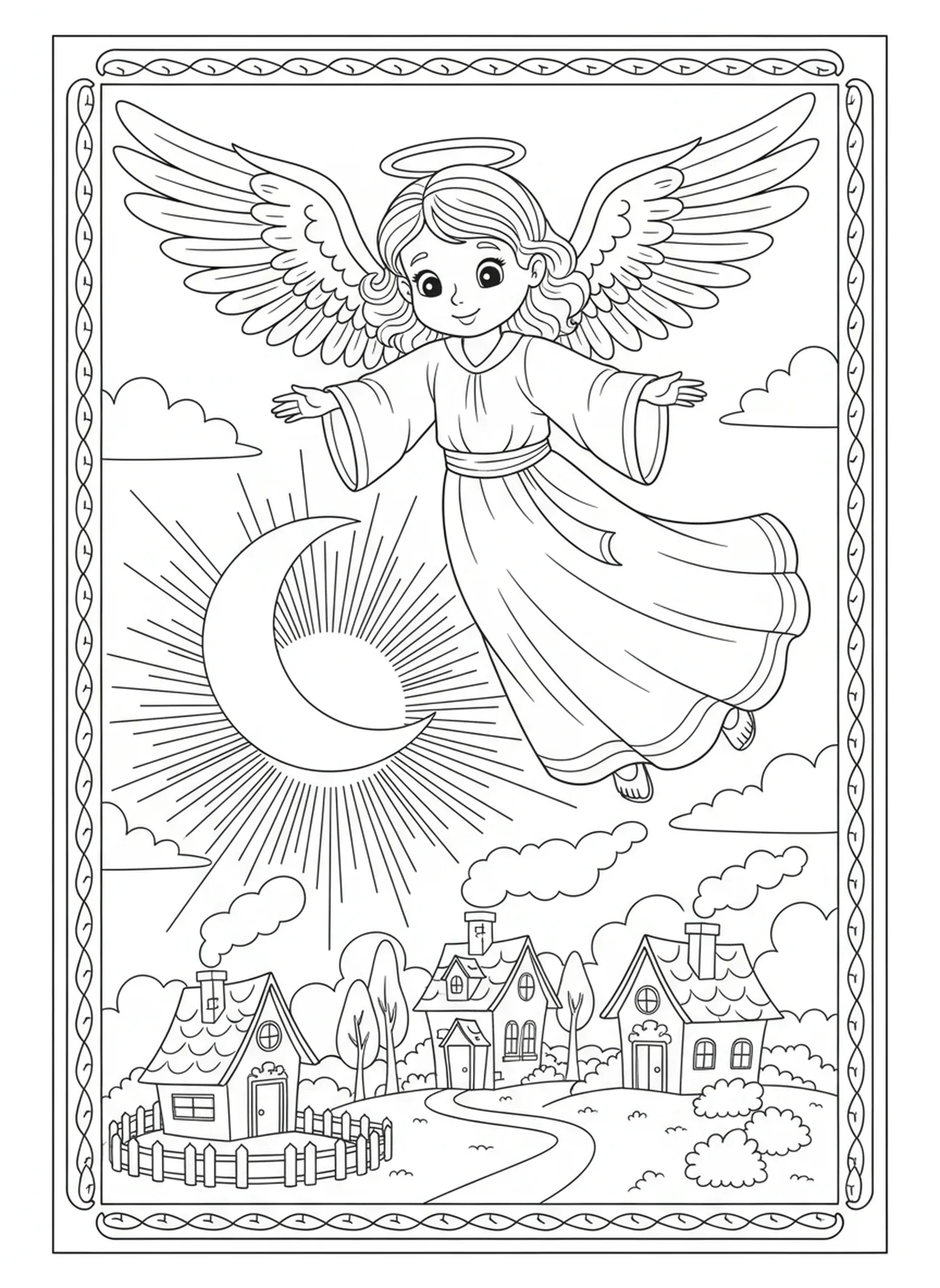 Anjo amigável no céu, página de colorir da Páscoa para crianças de 5 a 10 anos