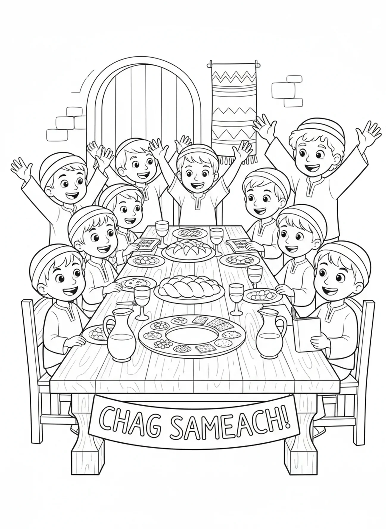 Mesa com pão e vinho, página para colorir sobre a Páscoa para crianças de 5 a 10 anos