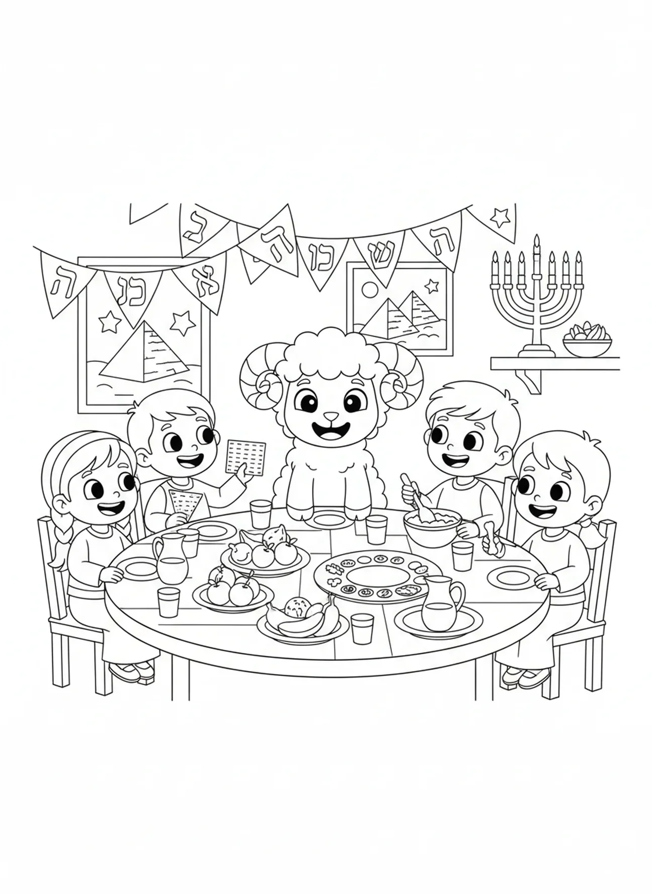 Caricatura de cordeiro na mesa, página para colorir da Páscoa para crianças de 5 a 10 anos