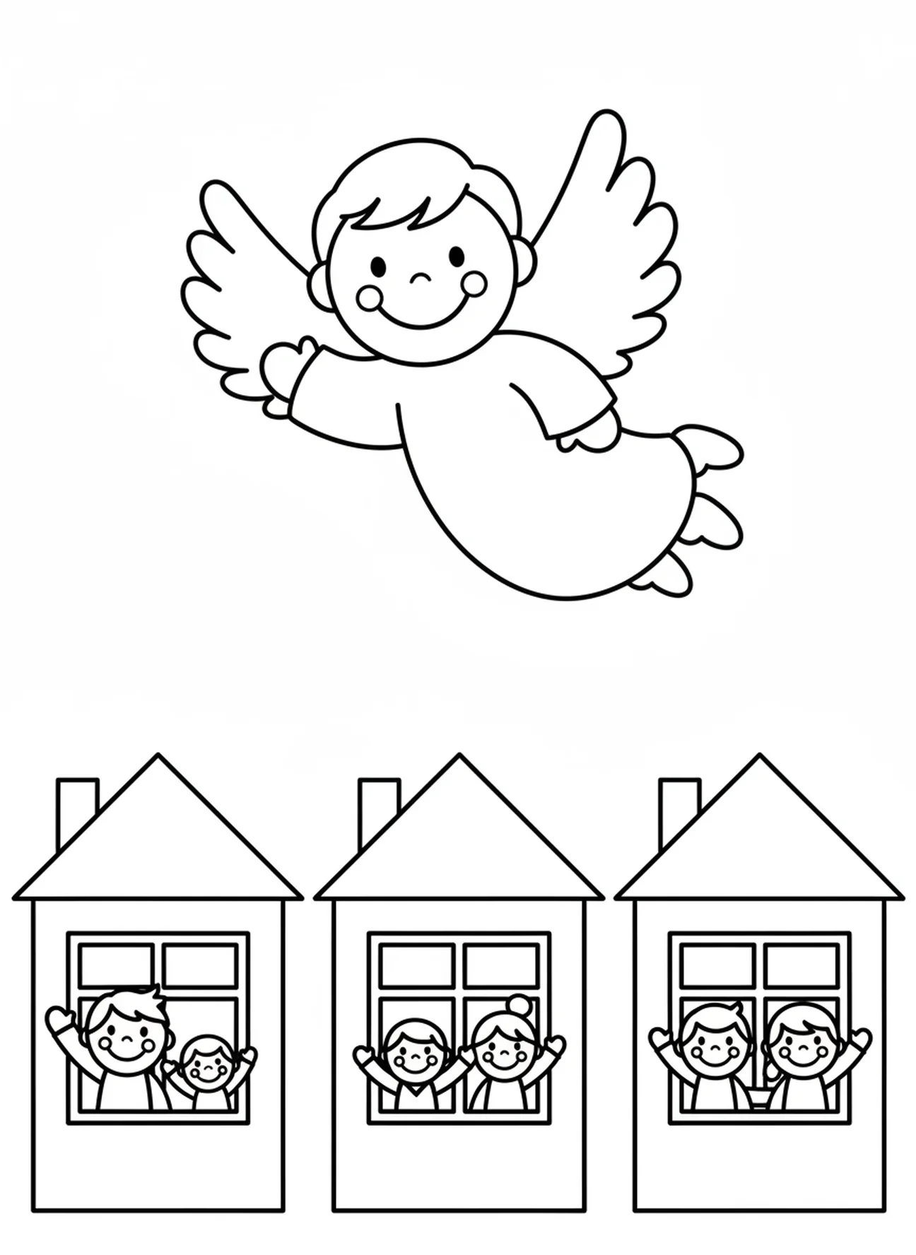 Anjo amigável passando sobre casas, página para colorir da Páscoa para crianças de 3 a 5 anos