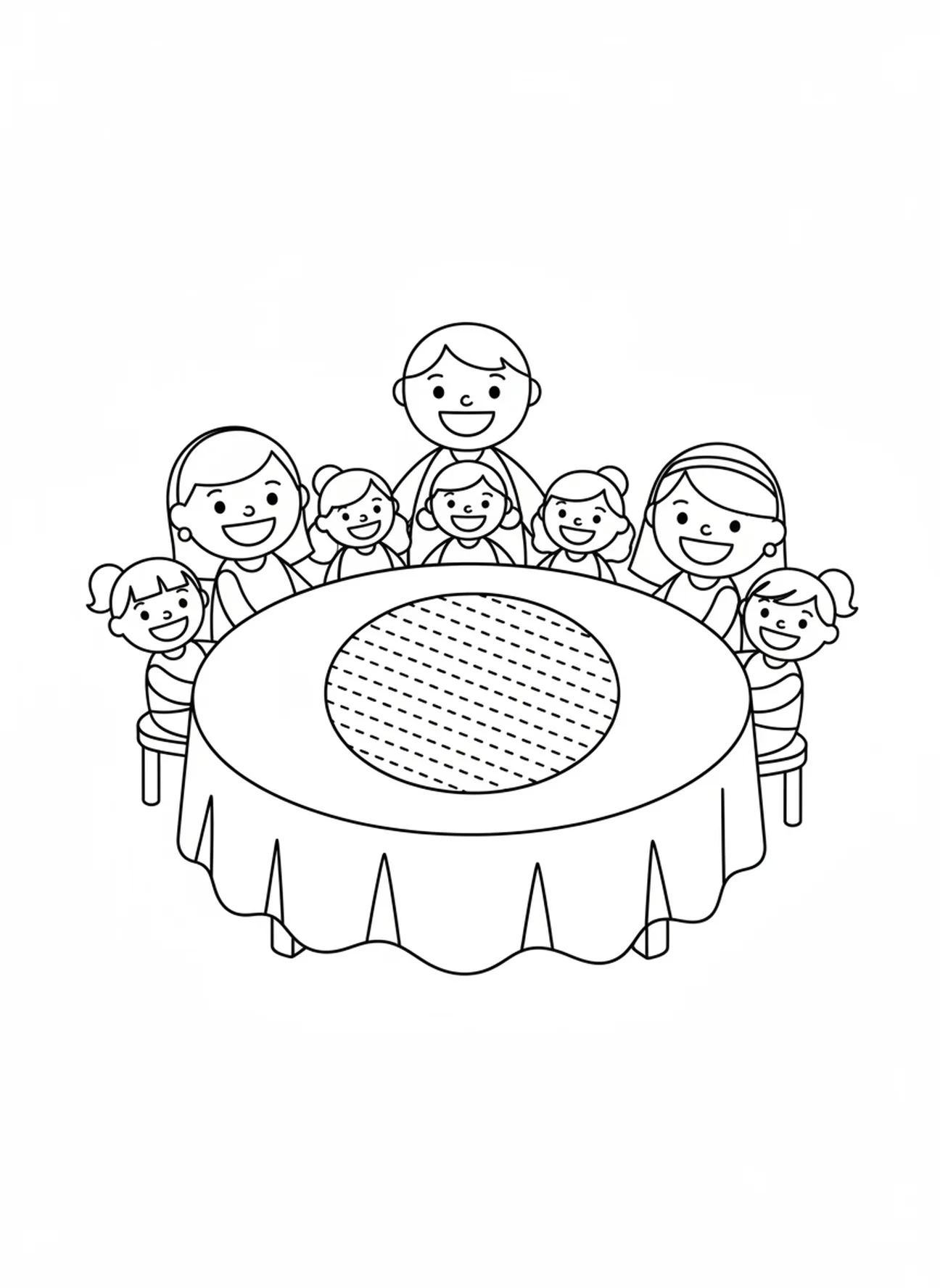 Famílias celebrando a Páscoa, página para colorir sobre a Páscoa para crianças de 3 a 5 anos