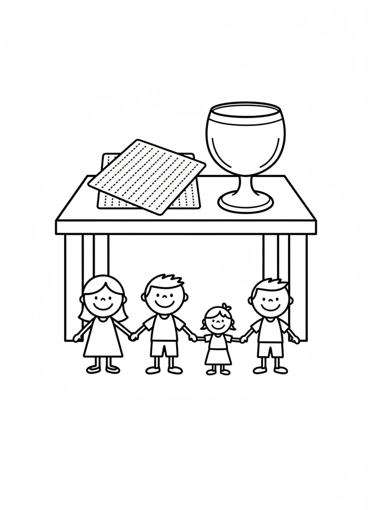 Família feliz com matzá e taça de vinho, página de colorir sobre a Páscoa para crianças de 3 a 5 anos