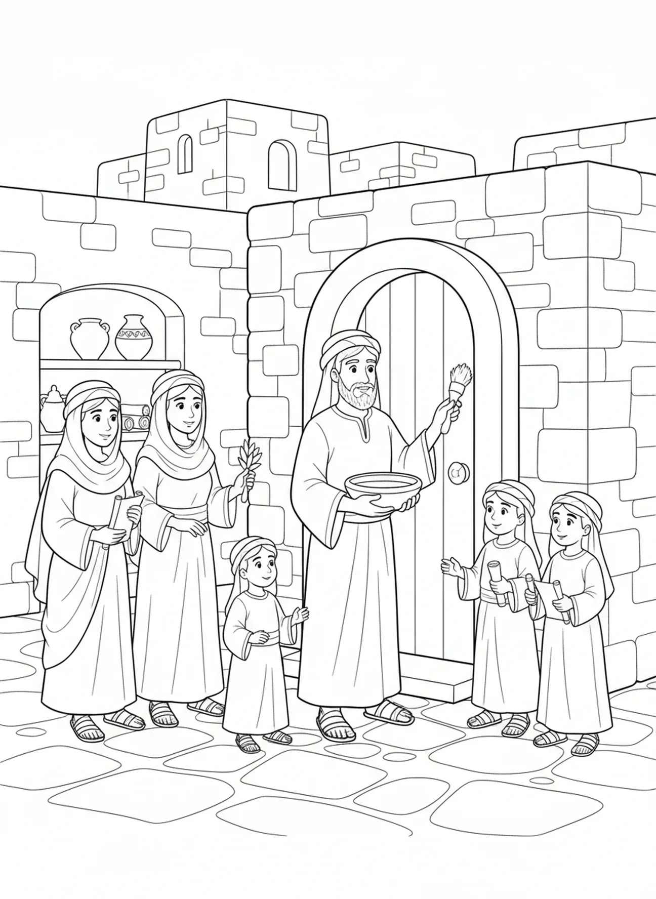 Famílias israelitas pintando sangue nas portas, página de colorir da Páscoa para crianças da Escola Dominical de 5 a 12 anos