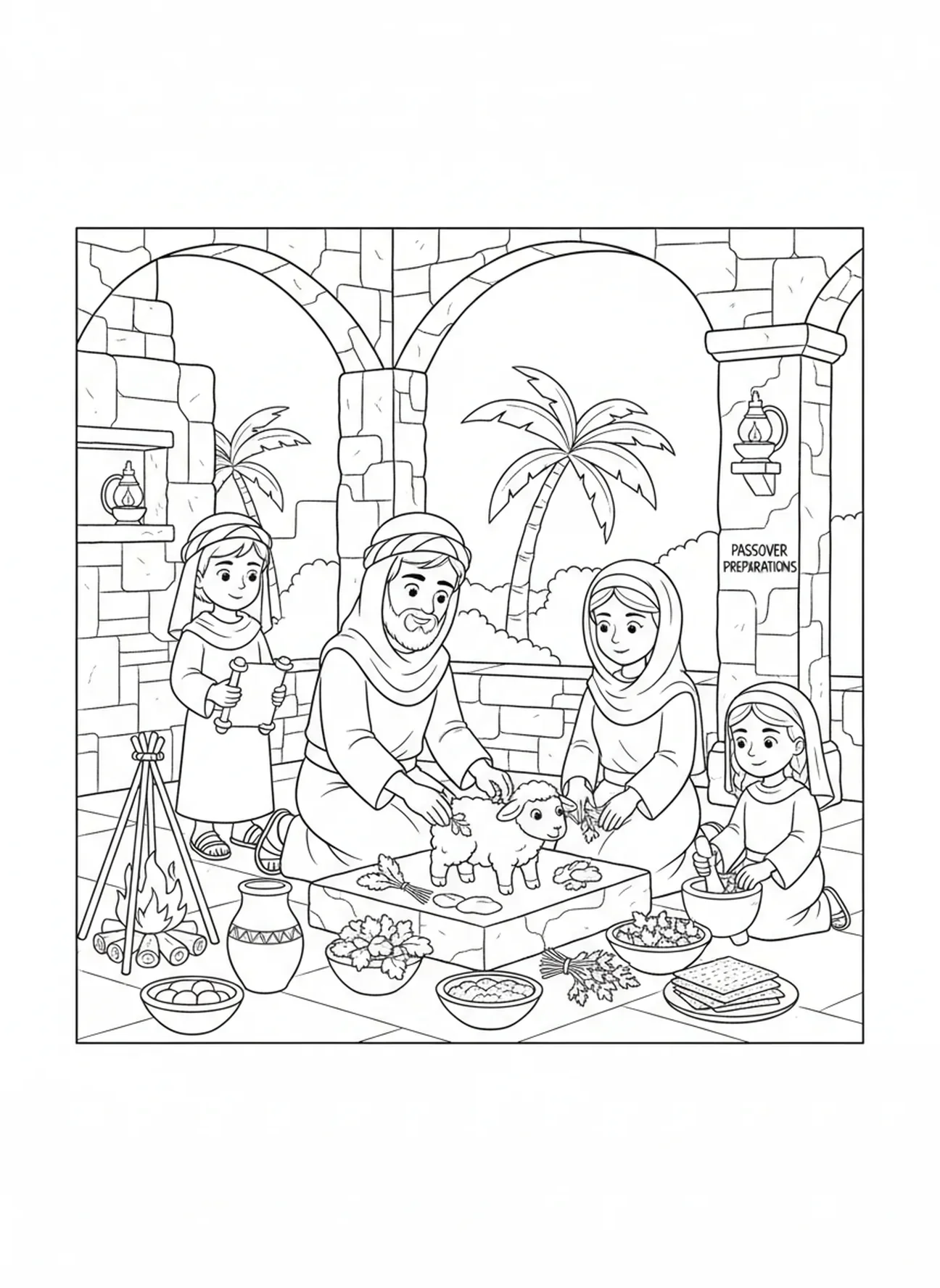 Família preparando o cordeiro da Páscoa, página para colorir sobre a Páscoa para crianças da Escola Dominical de 5 a 12 anos