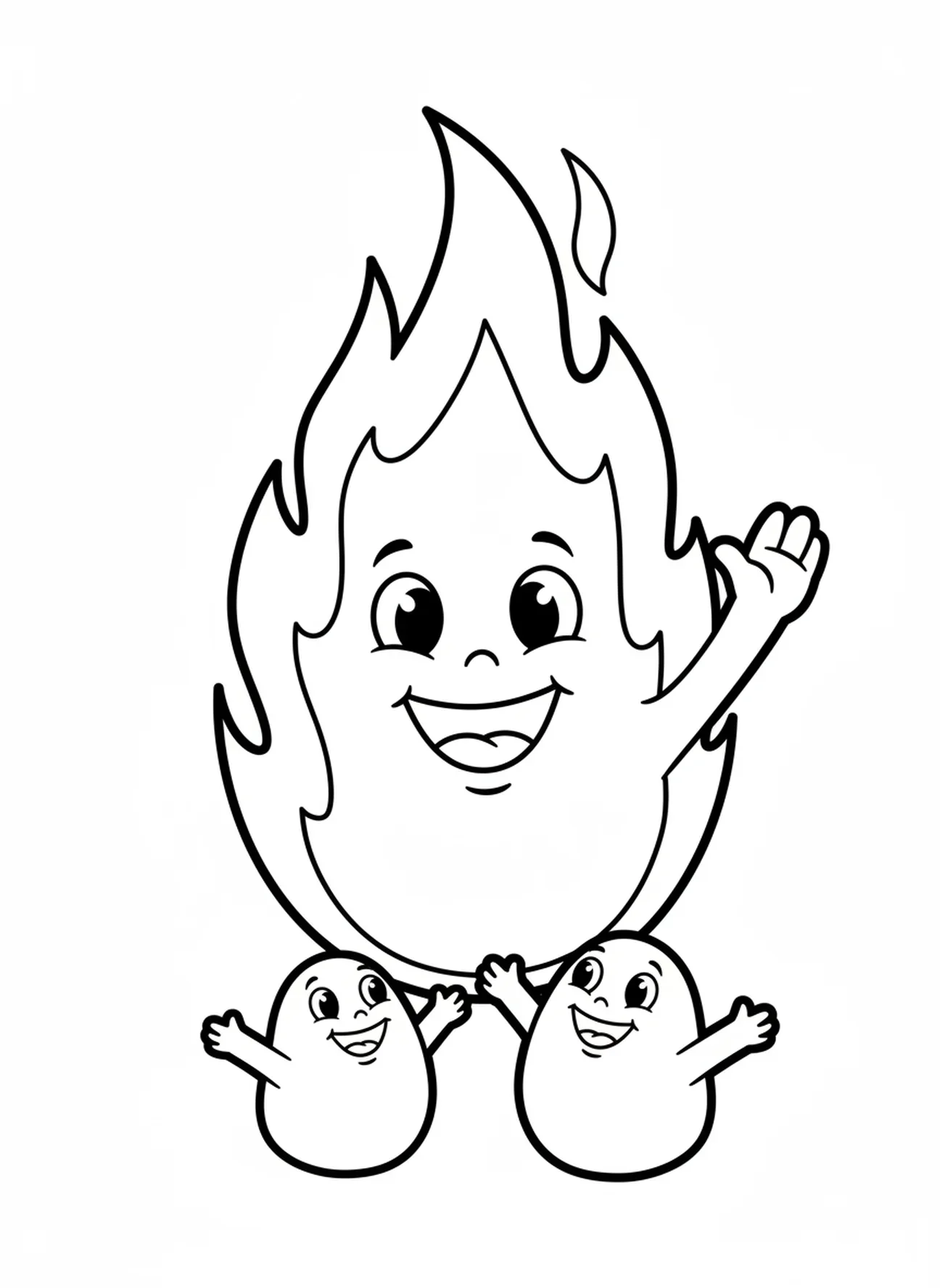 Pessoas sorridentes reunidas em torno de um alto pilar de fogo, página para colorir Pilar de Fogo para crianças de 3 a 5 anos.
